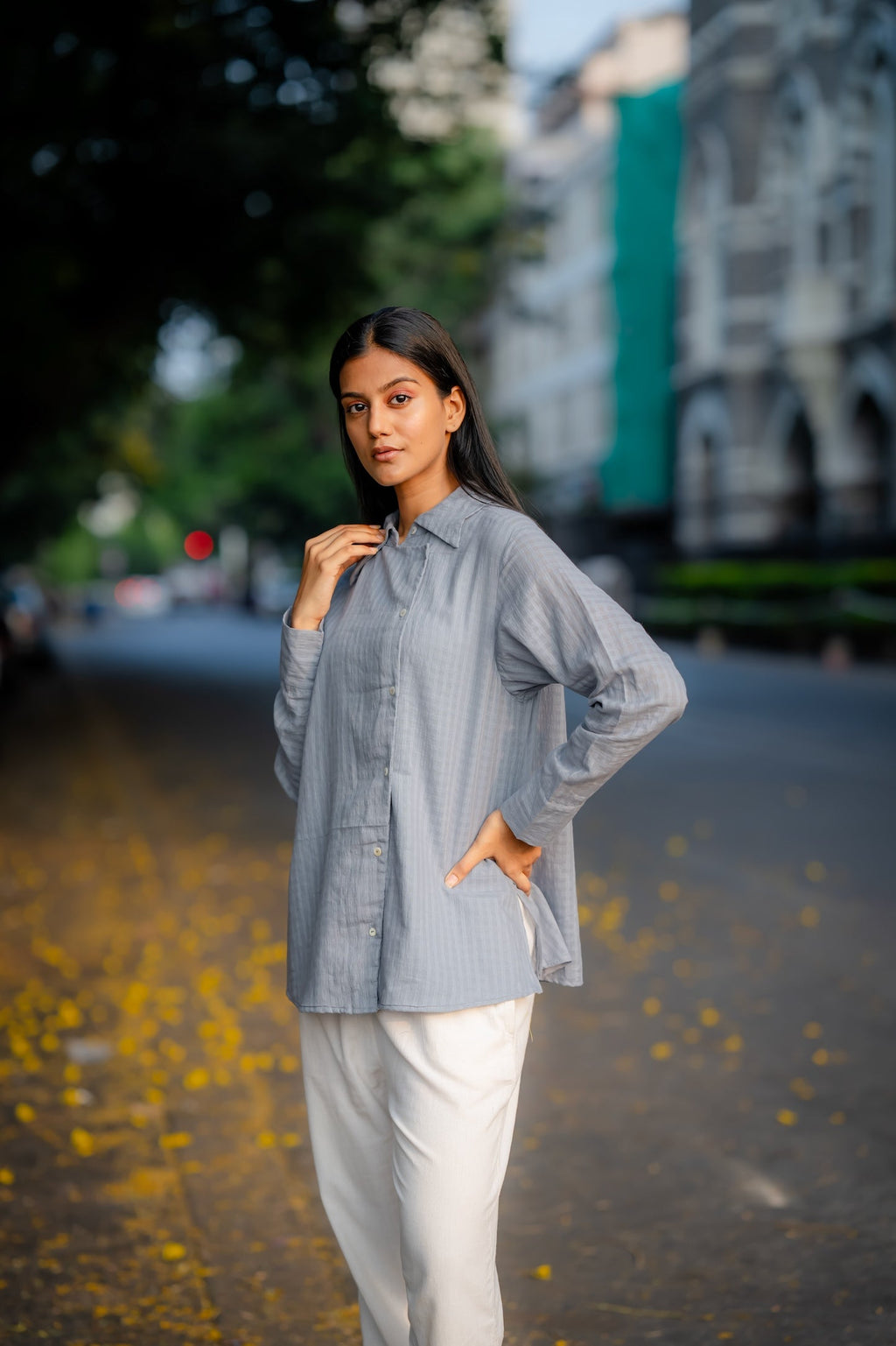 Grey Button-Down Handwoven Shirt at Kamakhyaa by Krushnachuda. This item is Chilika by Krushnachuda, Grey, Handloom Cotton, Loose Fit, Natural Dye, Organic, Outerwear, Self Design, Under $100, Womenswear