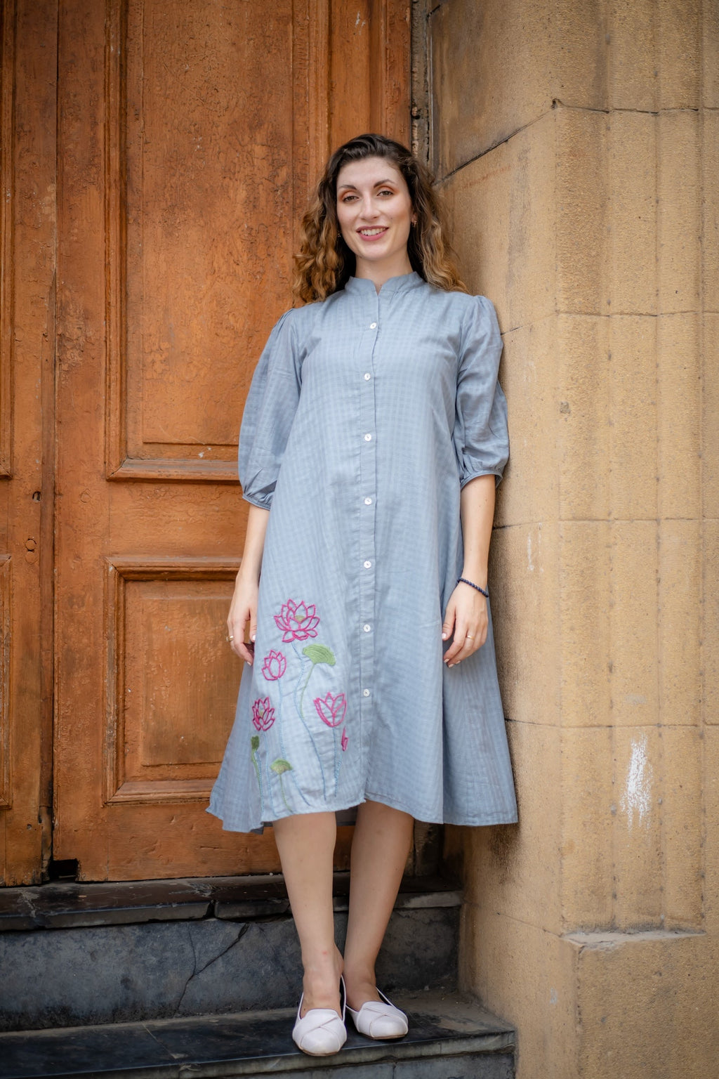 Grey Hand Embroidered A-line Dress at Kamakhyaa by Krushnachuda. This item is Chilika by Krushnachuda, Embroidered, Grey, Handloom Cotton, Loose Fit, Natural Dye, Organic, Outerwear, Under $200, Womenswear