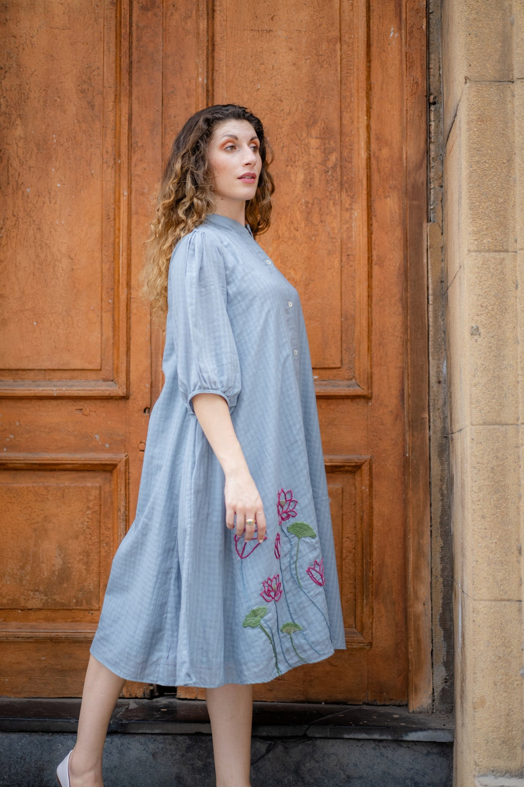 Grey Hand Embroidered A-line Dress at Kamakhyaa by Krushnachuda. This item is Chilika by Krushnachuda, Embroidered, Grey, Handloom Cotton, Loose Fit, Natural Dye, Organic, Outerwear, Under $200, Womenswear
