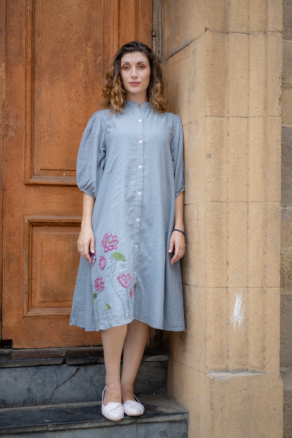 Grey Hand Embroidered A-line Dress at Kamakhyaa by Krushnachuda. This item is Chilika by Krushnachuda, Embroidered, Grey, Handloom Cotton, Loose Fit, Natural Dye, Organic, Outerwear, Under $200, Womenswear