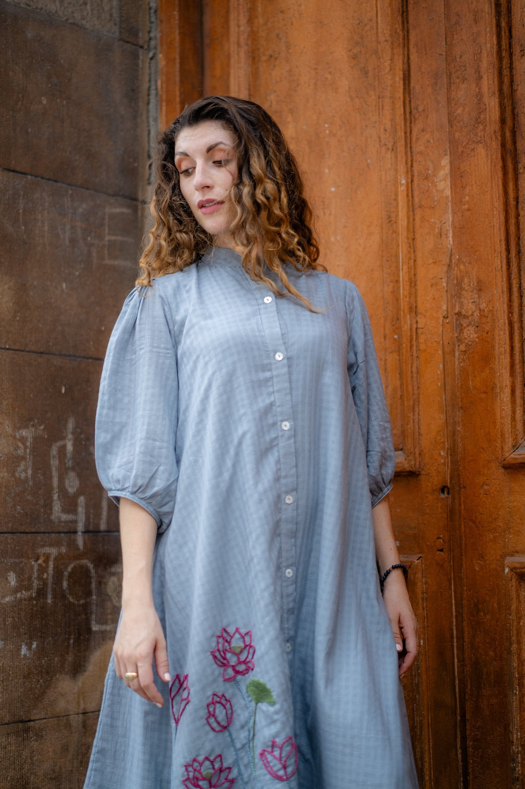 Grey Hand Embroidered A-line Dress at Kamakhyaa by Krushnachuda. This item is Chilika by Krushnachuda, Embroidered, Grey, Handloom Cotton, Loose Fit, Natural Dye, Organic, Outerwear, Under $200, Womenswear
