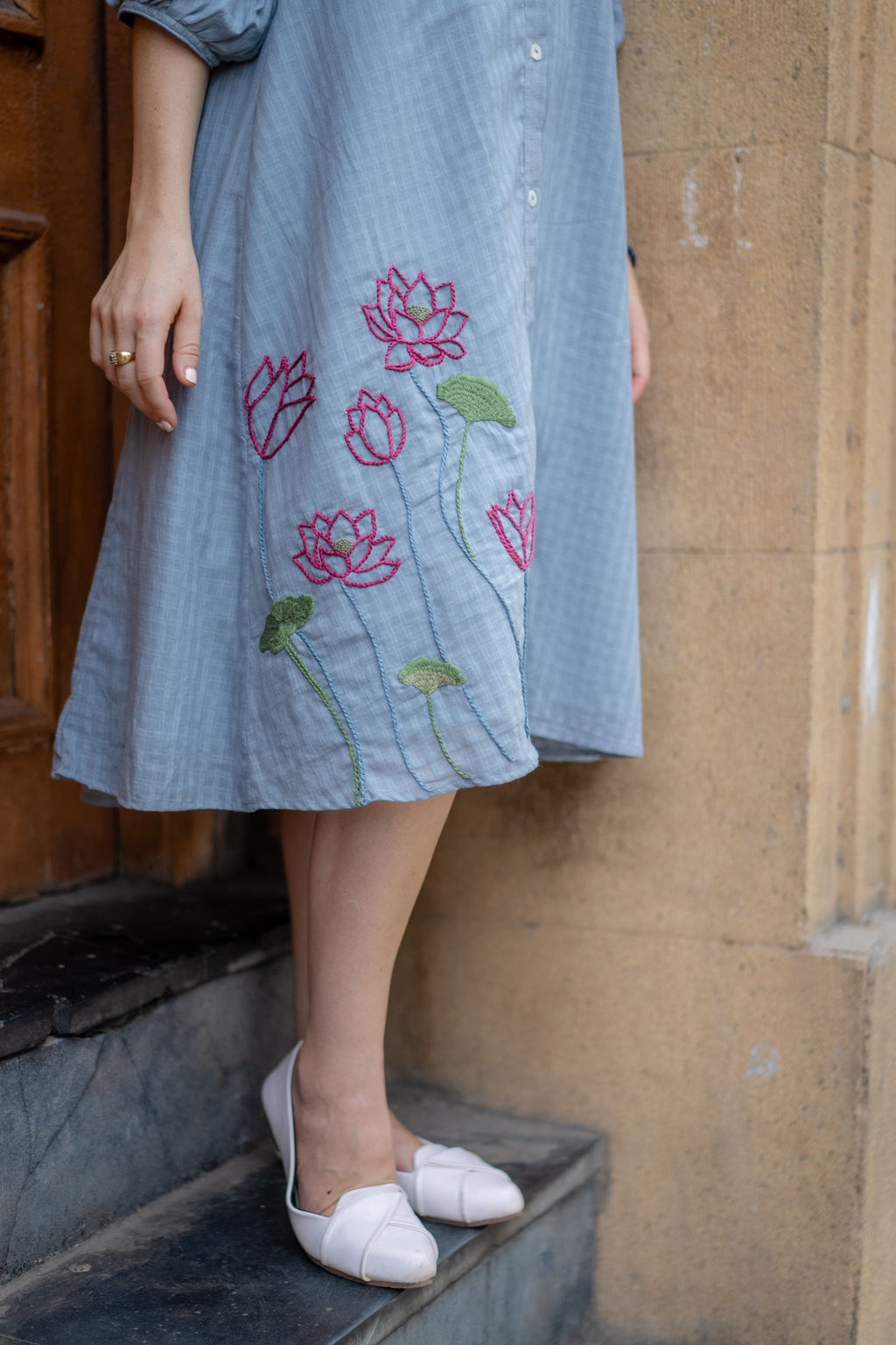 Grey Hand Embroidered A-line Dress at Kamakhyaa by Krushnachuda. This item is Chilika by Krushnachuda, Embroidered, Grey, Handloom Cotton, Loose Fit, Natural Dye, Organic, Outerwear, Under $200, Womenswear