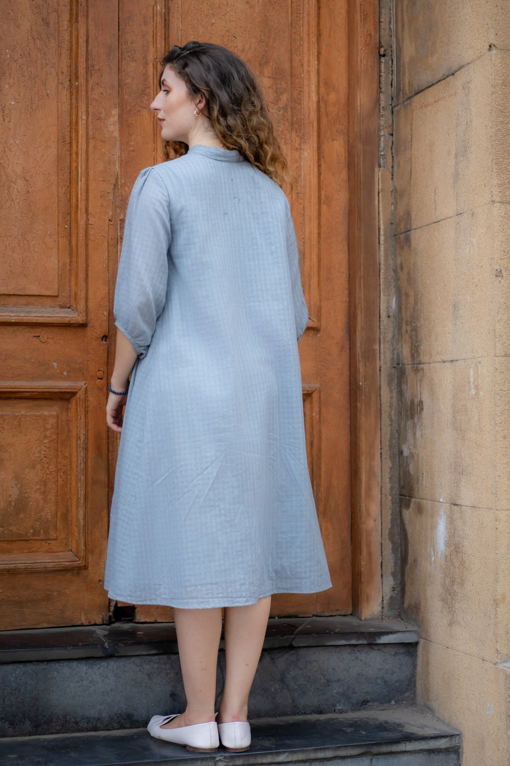 Grey Hand Embroidered A-line Dress at Kamakhyaa by Krushnachuda. This item is Chilika by Krushnachuda, Embroidered, Grey, Handloom Cotton, Loose Fit, Natural Dye, Organic, Outerwear, Under $200, Womenswear