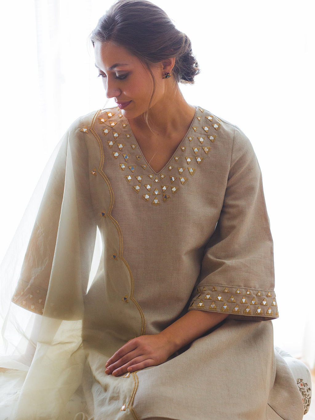 Grey Organza Mirror Work Kurta Set with Dupatta at Kamakhyaa by RoohbyRidhimaa. This item is Dupattas, Embroidered, Festive Wear, Grey, Kurta Set with Dupattas, Kurta Sets, Linen, Mirror Work, Organza, Relaxed Fit, Toxin free