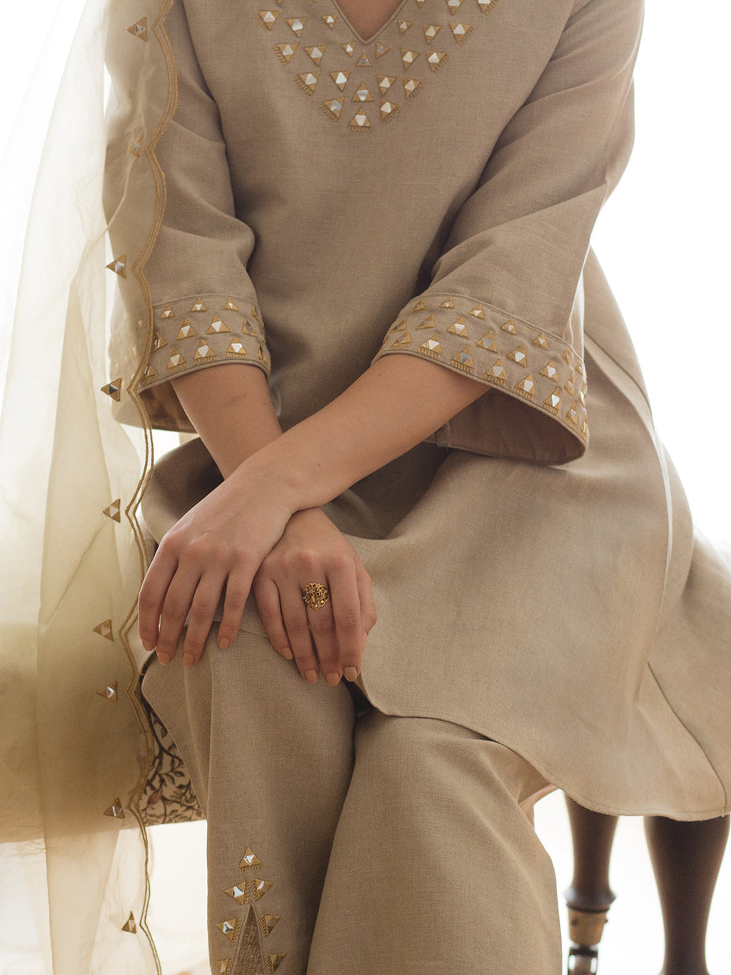 Grey Organza Mirror Work Kurta Set with Dupatta at Kamakhyaa by RoohbyRidhimaa. This item is Dupattas, Embroidered, Festive Wear, Grey, Kurta Set with Dupattas, Kurta Sets, Linen, Mirror Work, Organza, Relaxed Fit, Toxin free