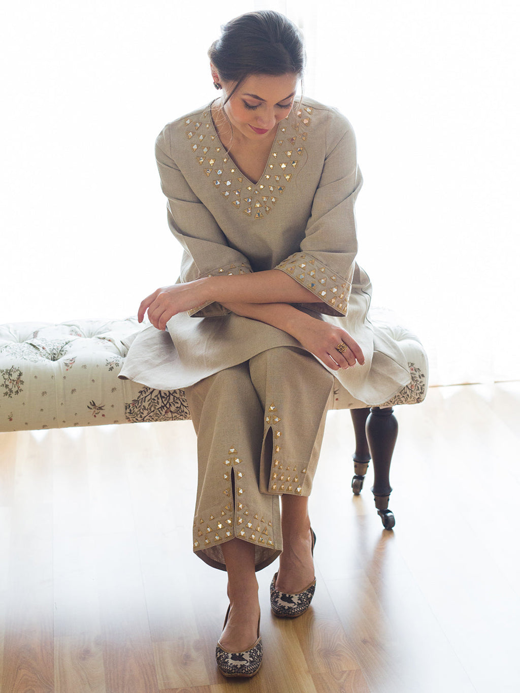 Grey Organza Mirror Work Kurta Set with Dupatta at Kamakhyaa by RoohbyRidhimaa. This item is Dupattas, Embroidered, Festive Wear, Grey, Kurta Set with Dupattas, Kurta Sets, Linen, Mirror Work, Organza, Relaxed Fit, Toxin free