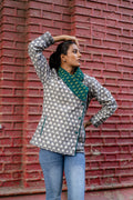 Grey Shawl Collar Work Wear Ikat Jacket at Kamakhyaa by Krushnachuda. This item is Grey, Handloom Cotton, Ikat Print, Jackets, Natural Dye, Organic, Regular Fit, Work Wear