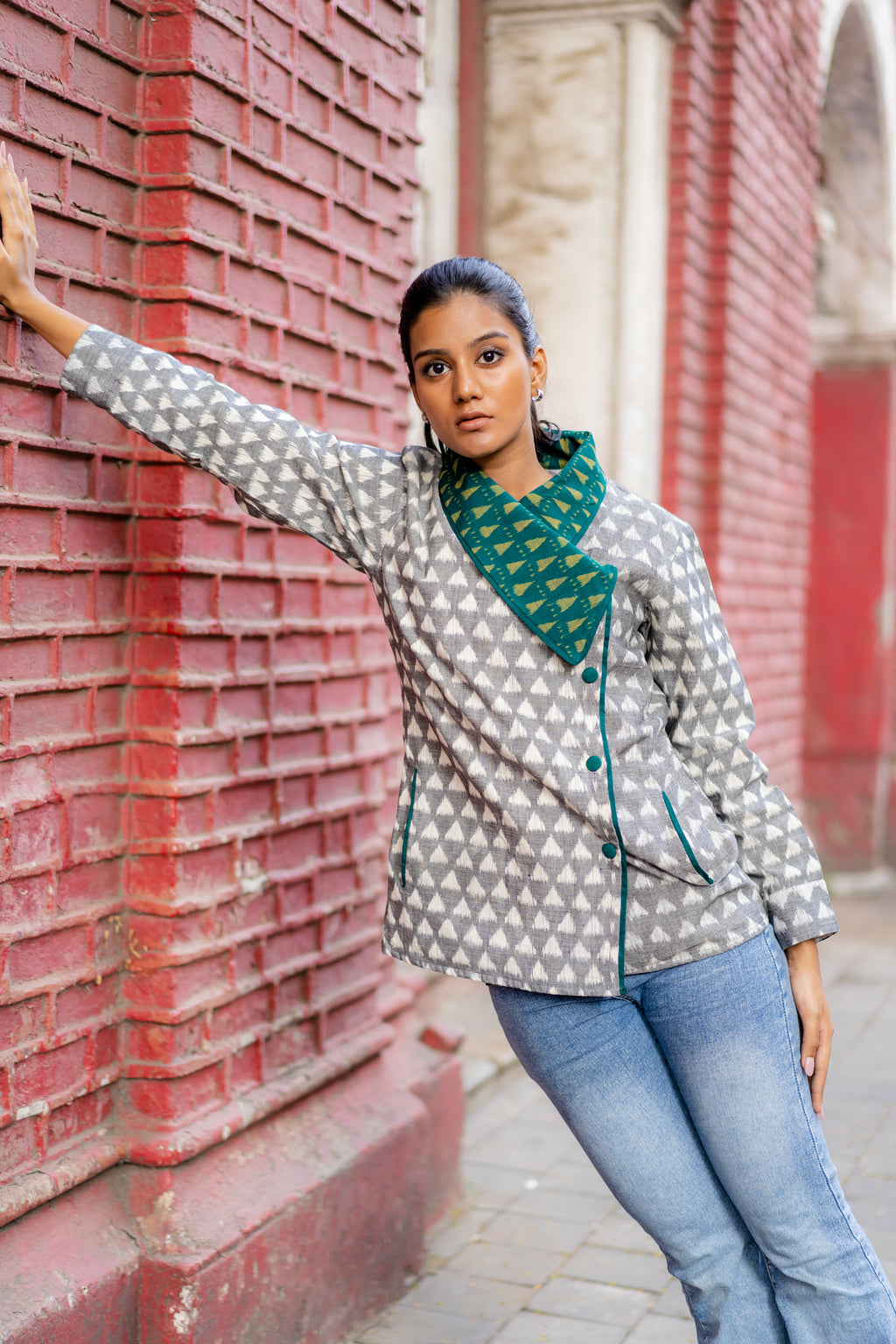 Grey Shawl Collar Work Wear Ikat Jacket at Kamakhyaa by Krushnachuda. This item is Grey, Handloom Cotton, Ikat Print, Jackets, Natural Dye, Organic, Regular Fit, Work Wear