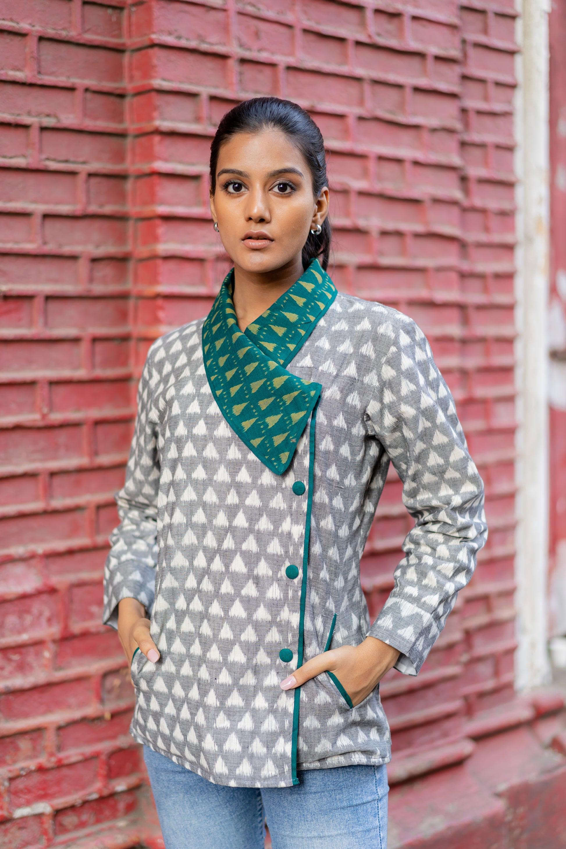 Grey Shawl Collar Work Wear Ikat Jacket at Kamakhyaa by Krushnachuda. This item is Grey, Handloom Cotton, Ikat Print, Jackets, Natural Dye, Organic, Regular Fit, Work Wear
