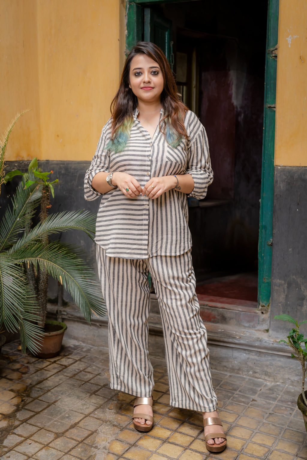 Grey Striped Casual Wear Shirt at Kamakhyaa by Krushnachuda. This item is Casual Wear, Grey, Handloom Cotton, Natural Dye, Organic, Regular Fit, Shirts, Stripes