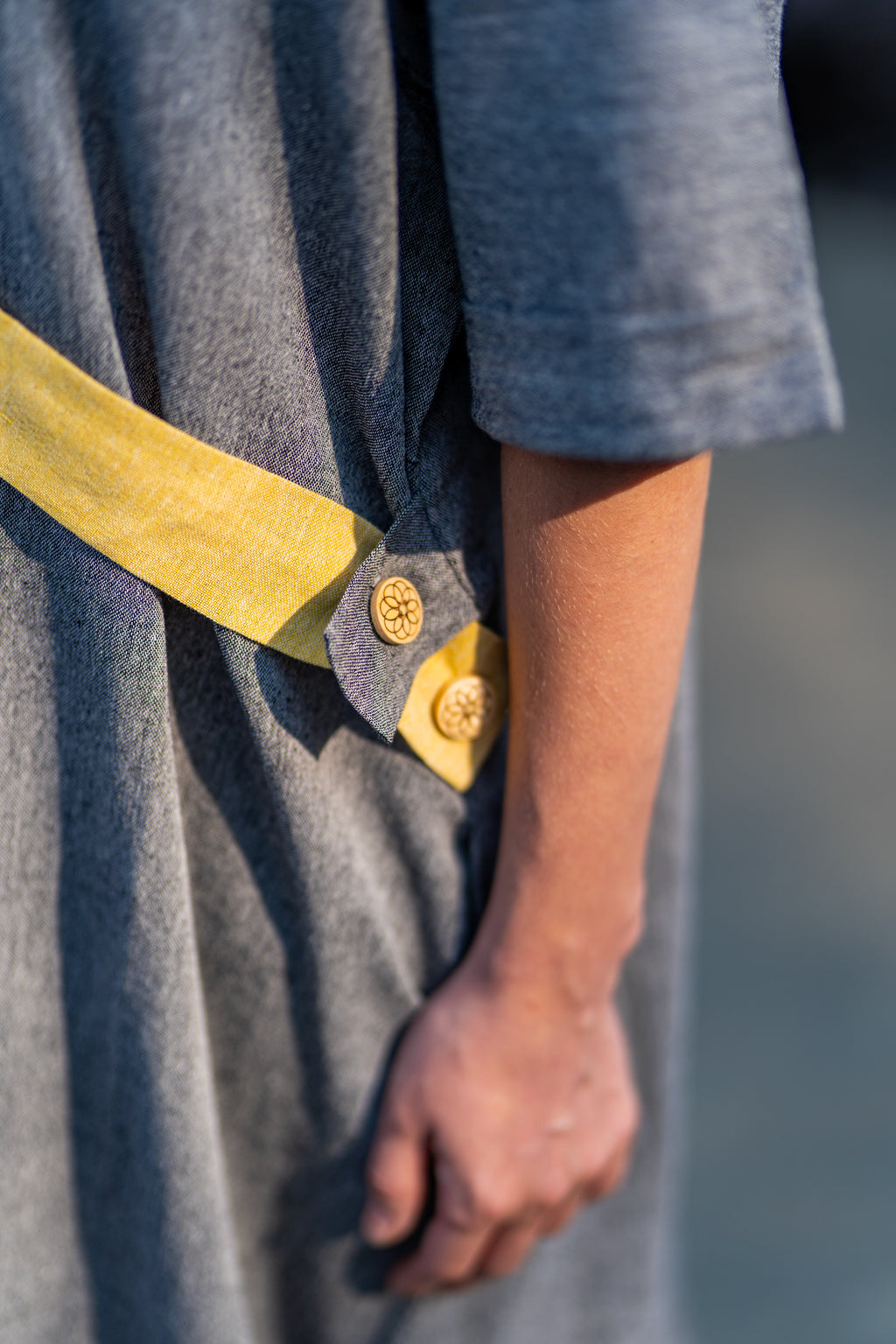 Grey V-Neck Organic Cotton Midi Dress at Kamakhyaa by Krushnachuda. This item is Grey, Handloom Cotton, Midi Dresses, Natural Dye, Organic, Relaxed Fit, Resort Wear, Solids
