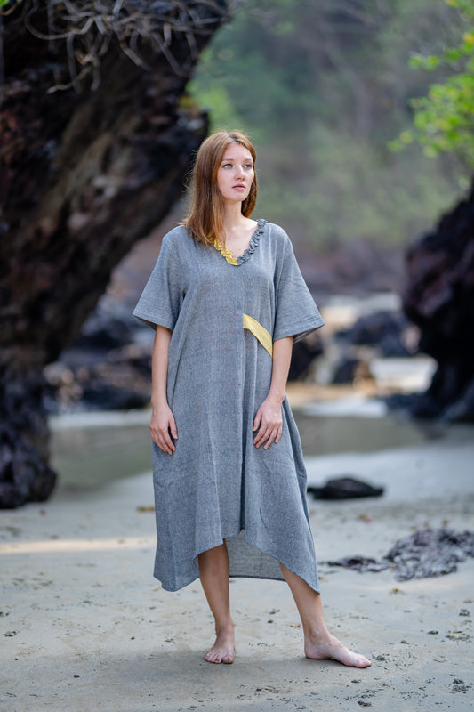 Grey V-Neck Organic Cotton Midi Dress at Kamakhyaa by Krushnachuda. This item is Grey, Handloom Cotton, Midi Dresses, Natural Dye, Organic, Relaxed Fit, Resort Wear, Solids