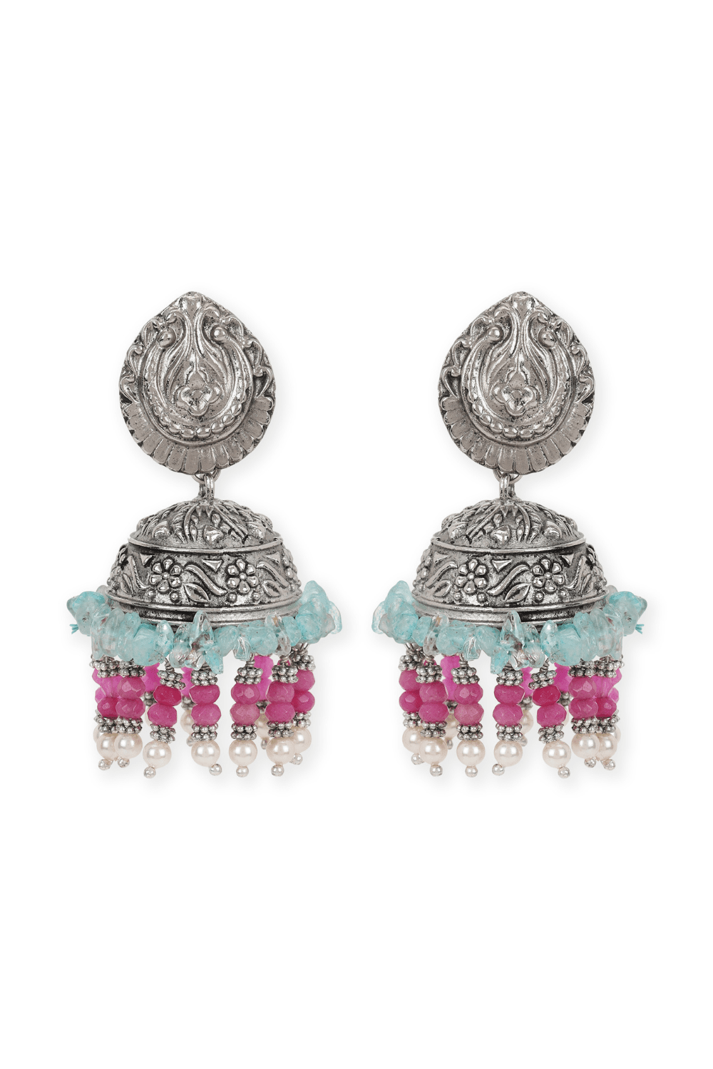 Gulaab Ladi Jhumkis at Kamakhyaa by House Of Heer. This item is Festive Jewellery, Festive Wear, Free Size, Gemstone, Handcrafted, jewelry, Jhumkas, July Sale, July Sale 2023, Mix metal, Multicolor, Natural, Pearl, Silver, Solids, Textured