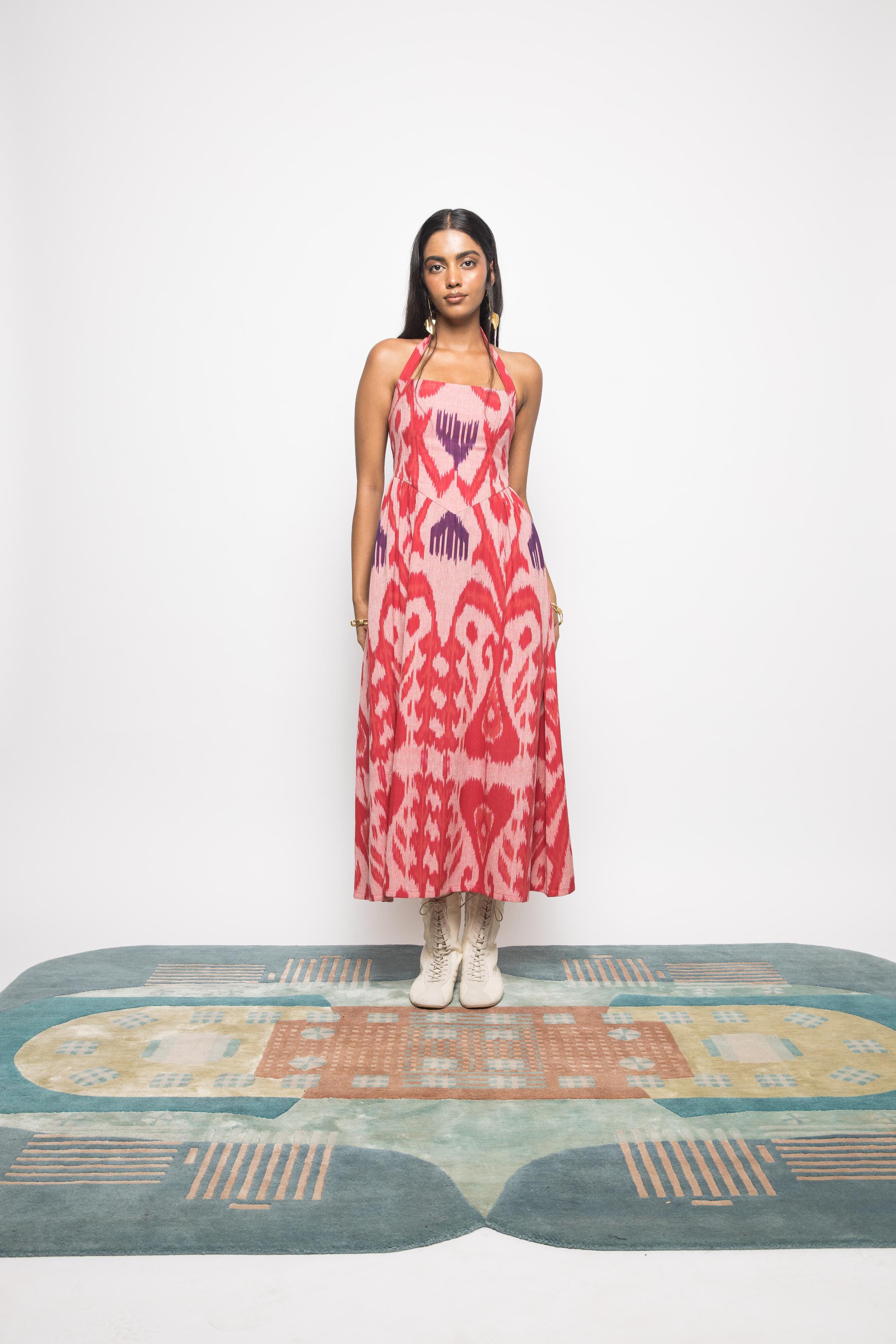 Hakuna Matata Dress at kamakhyaa.com by Anushé Pirani. This item is 100% Cotton, Baby Pink, Beach Wear, Blush Pink, Brunch Wear, Casual Wear, Console Collection List, Cotton, Fresh Ink by Anushe Pirani, Handwoven cotton, Ikat Prints, Light Pink, Pink, Regular Fit, Resort Wear, Vacation Wear, Womenswear