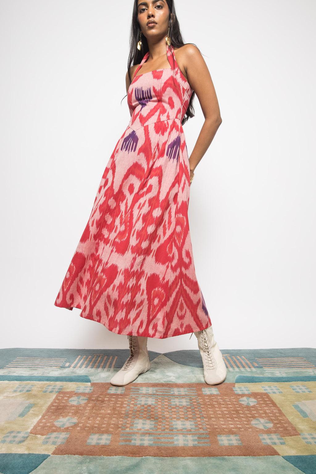 Hakuna Matata Dress at kamakhyaa.com by Anushé Pirani. This item is 100% Cotton, Baby Pink, Beach Wear, Blush Pink, Brunch Wear, Casual Wear, Console Collection List, Cotton, Fresh Ink by Anushe Pirani, Handwoven cotton, Ikat Prints, Light Pink, Pink, Regular Fit, Resort Wear, Vacation Wear, Womenswear