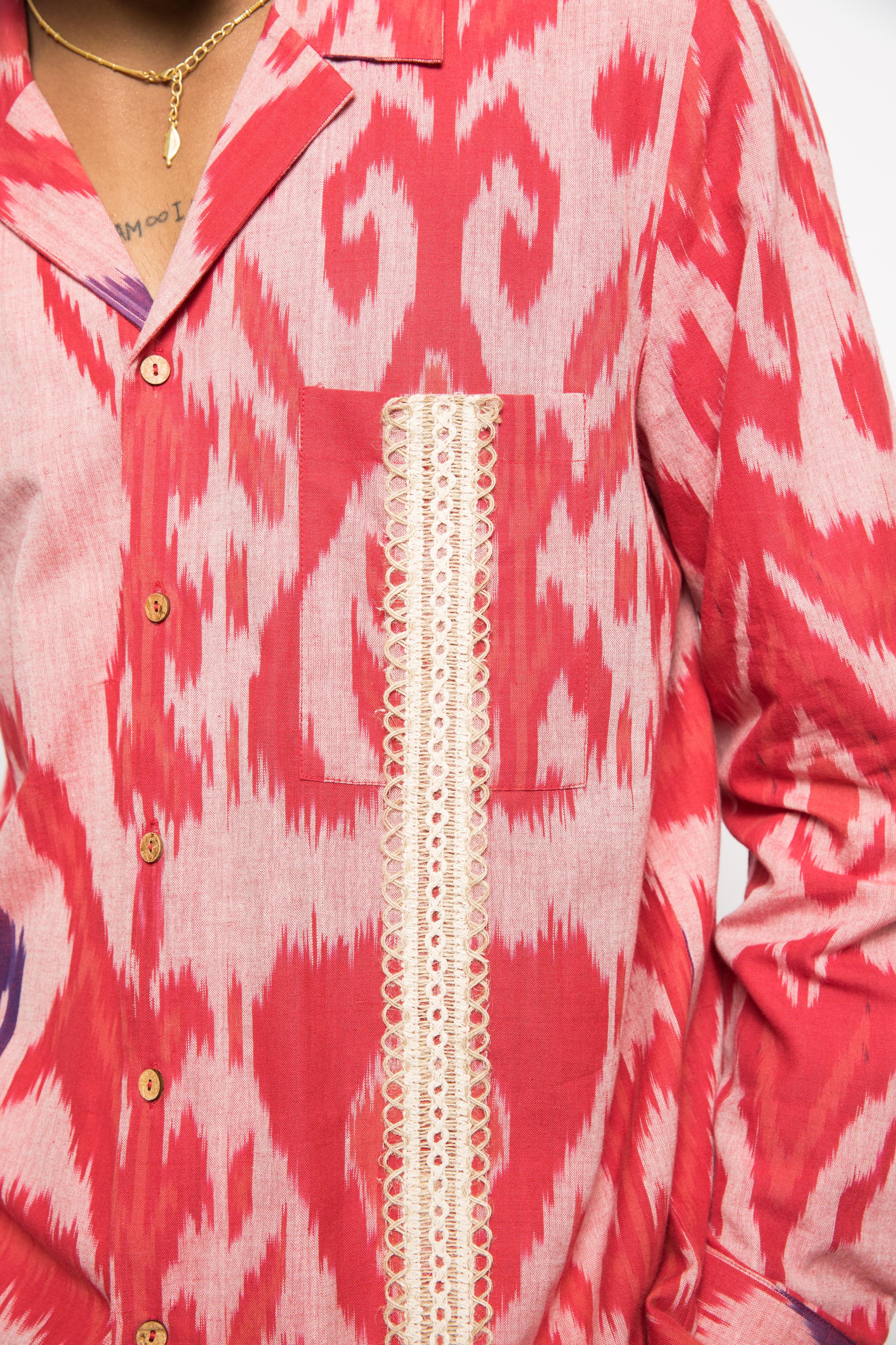 Hakuna Matata Shirt at kamakhyaa.com by Anushé Pirani. This item is 100% Cotton, Beach Wear, Brunch Wear, Casual Wear, Console Collection List, Cotton, Fresh Ink by Anushe Pirani, Handwoven cotton, Ikat Prints, Light Pink, Menswear, Pink, Regular Fit, Resort Wear, Review September 2025, Vacation Wear