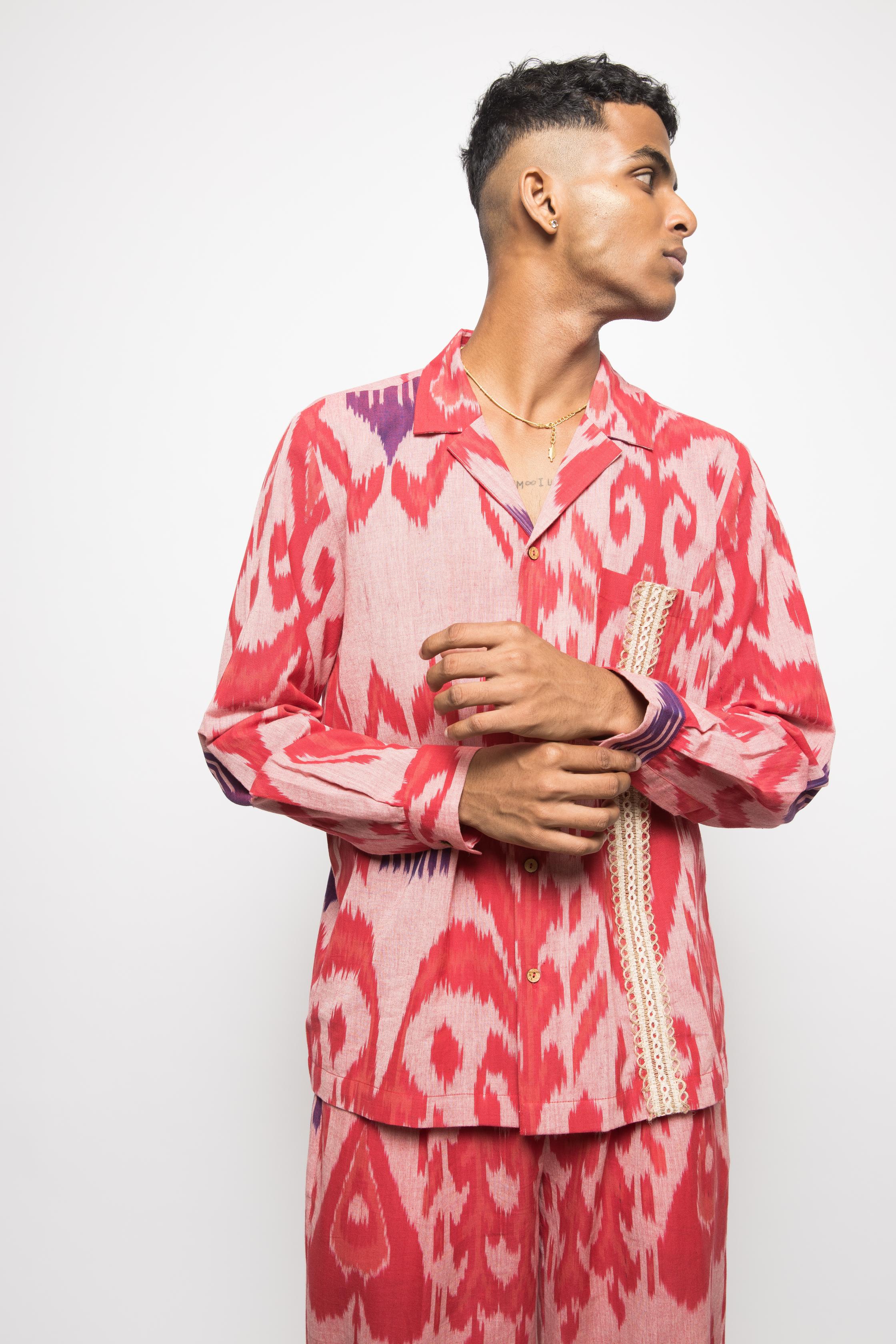 Hakuna Matata Shirt at kamakhyaa.com by Anushé Pirani. This item is 100% Cotton, Beach Wear, Brunch Wear, Casual Wear, Console Collection List, Cotton, Fresh Ink by Anushe Pirani, Handwoven cotton, Ikat Prints, Light Pink, Menswear, Pink, Regular Fit, Resort Wear, Review September 2025, Vacation Wear