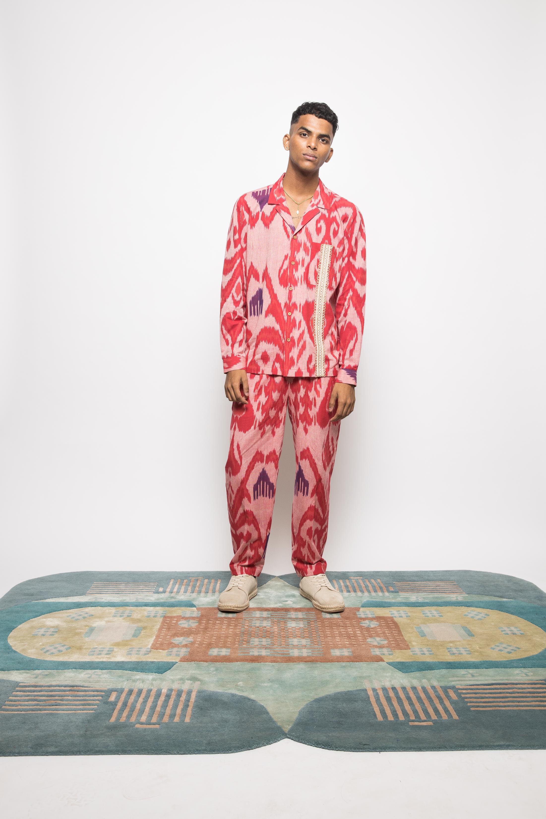 Hakuna Matata Shirt at kamakhyaa.com by Anushé Pirani. This item is 100% Cotton, Beach Wear, Brunch Wear, Casual Wear, Console Collection List, Cotton, Fresh Ink by Anushe Pirani, Handwoven cotton, Ikat Prints, Light Pink, Menswear, Pink, Regular Fit, Resort Wear, Review September 2025, Vacation Wear