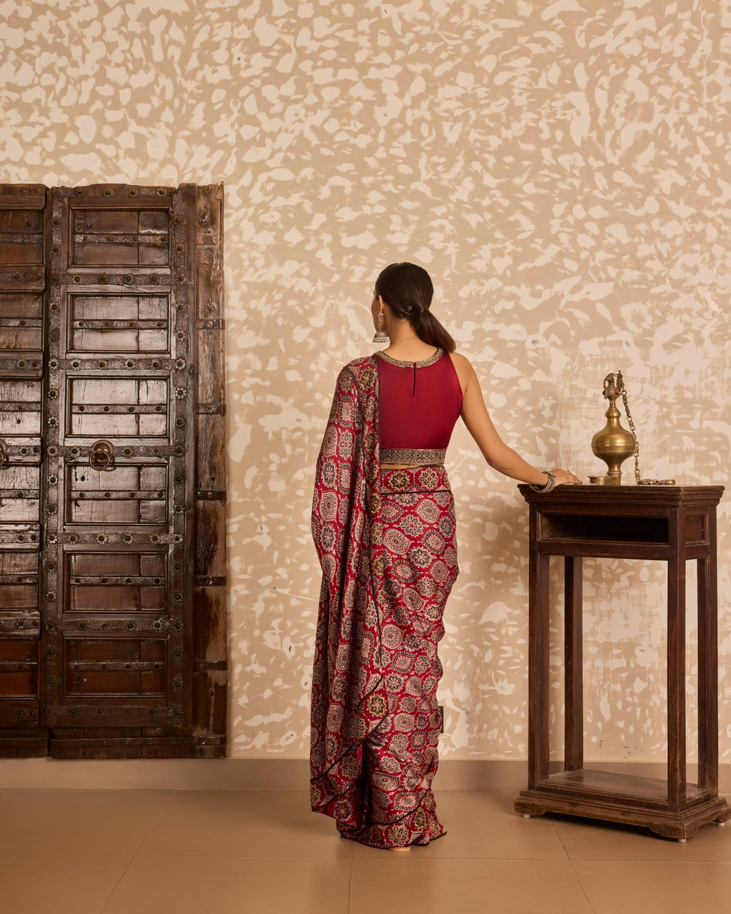 Halter neck blouse with saree at Kamakhyaa by Akashi Clothing. This item is Ajrakh by Akashi Clothing, Under $150