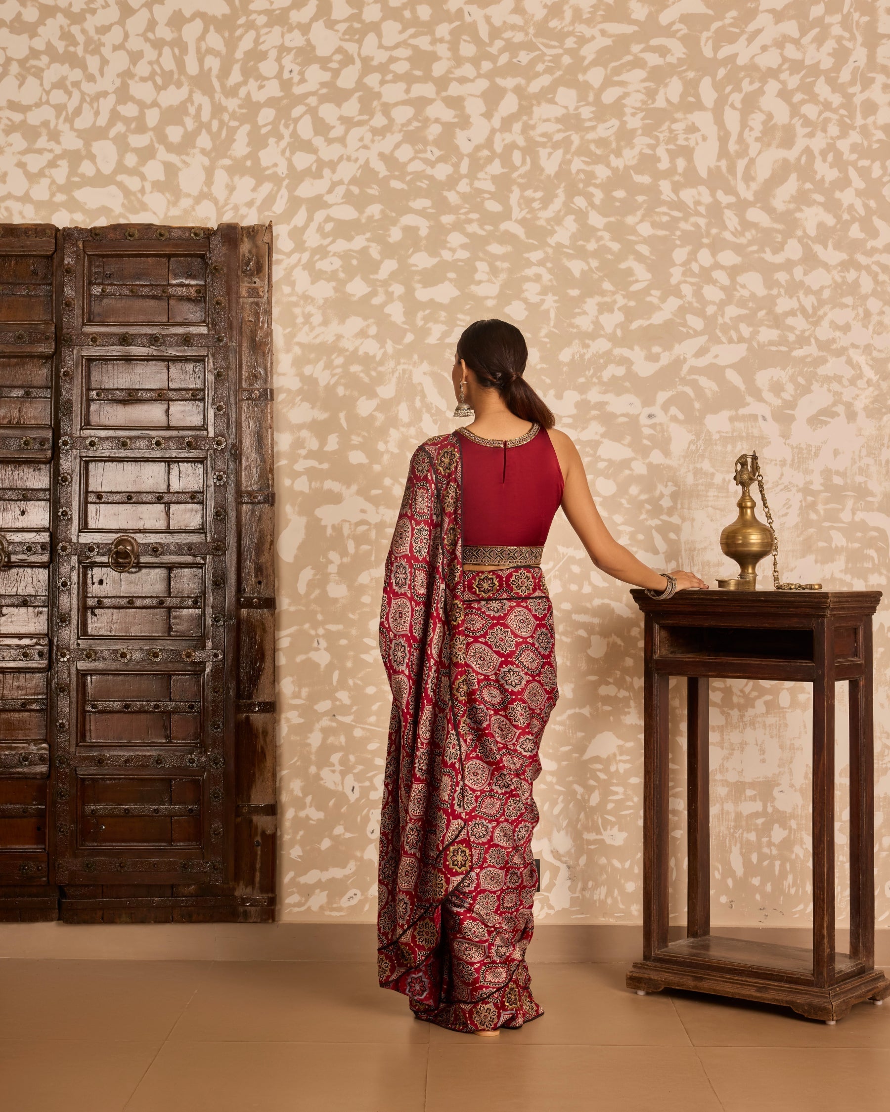 Halter neck blouse with saree at Kamakhyaa by Akashi Clothing. This item is Ajrakh by Akashi Clothing, Under $150