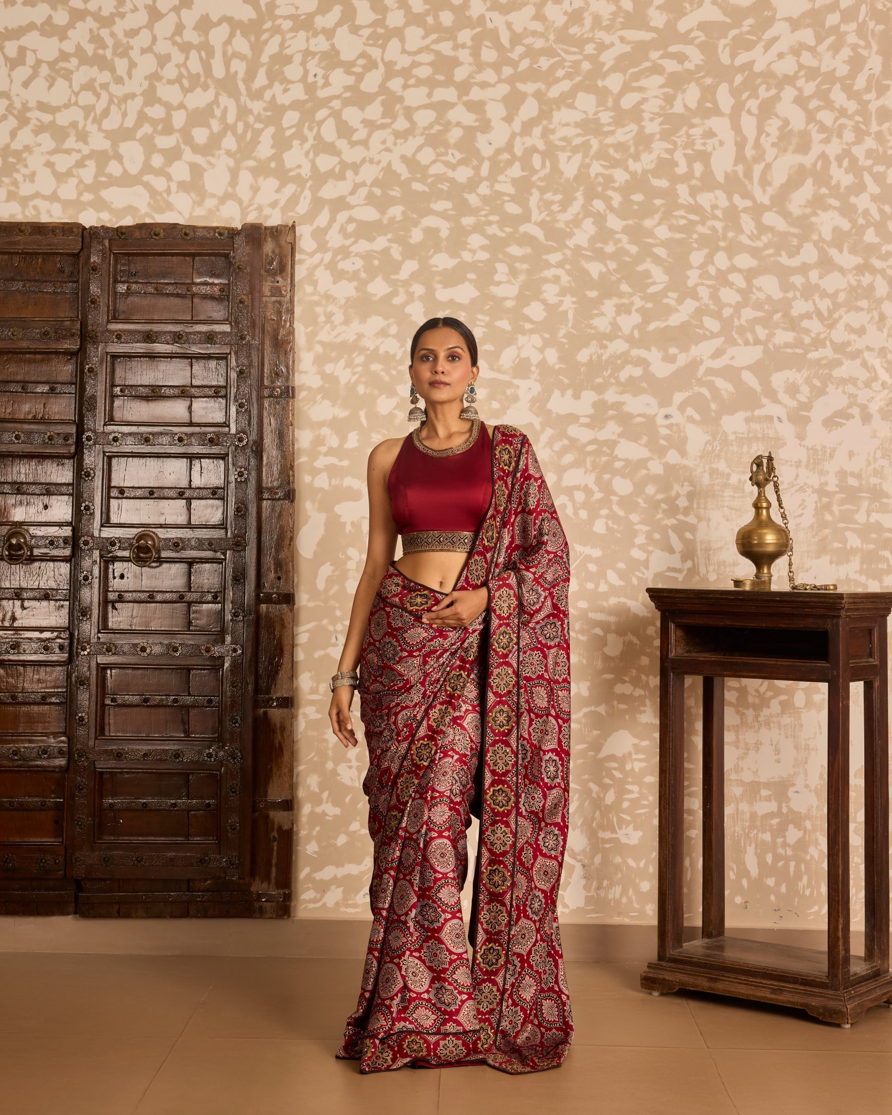 Halter neck blouse with saree at Kamakhyaa by Akashi Clothing. This item is Ajrakh by Akashi Clothing, Under $150