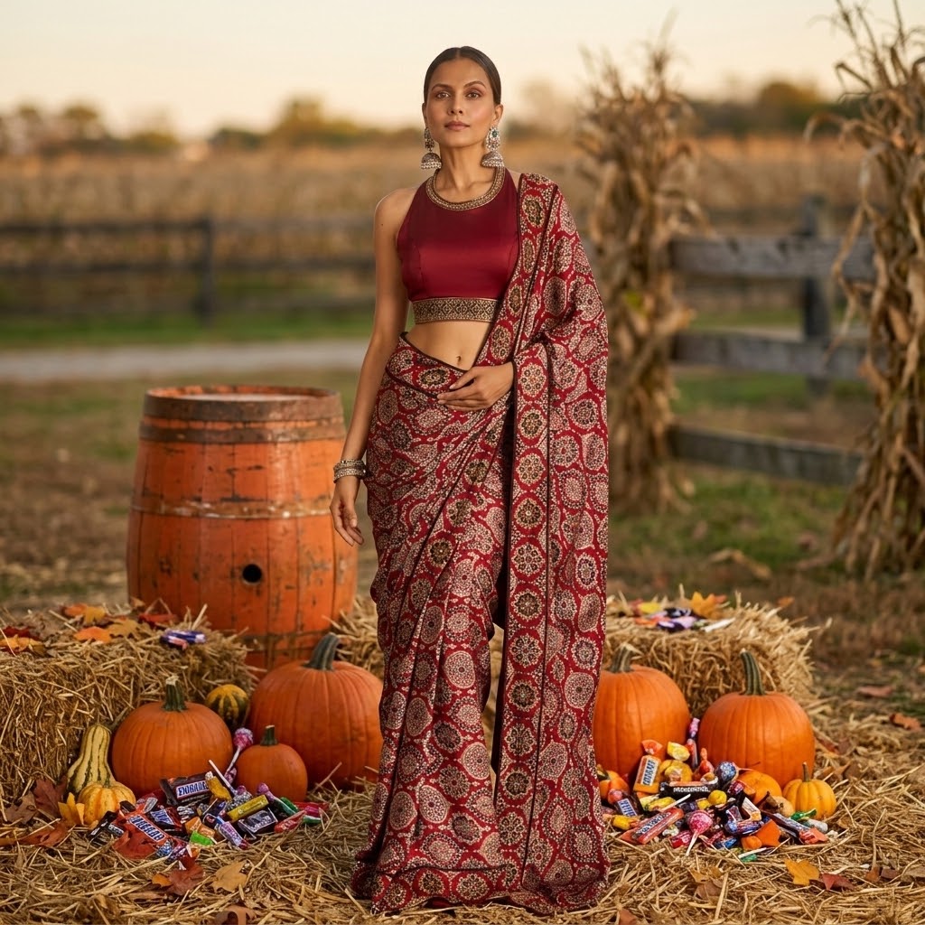 Halter neck blouse with saree at kamakhyaa.com by Akashi Clothing. This item is Ajrakh by Akashi Clothing, Midnight Blueprint, Under $150