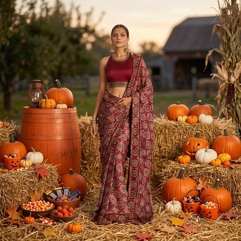 Halter neck blouse with saree at kamakhyaa.com by Akashi Clothing. This item is Ajrakh by Akashi Clothing, Midnight Blueprint, Under $150