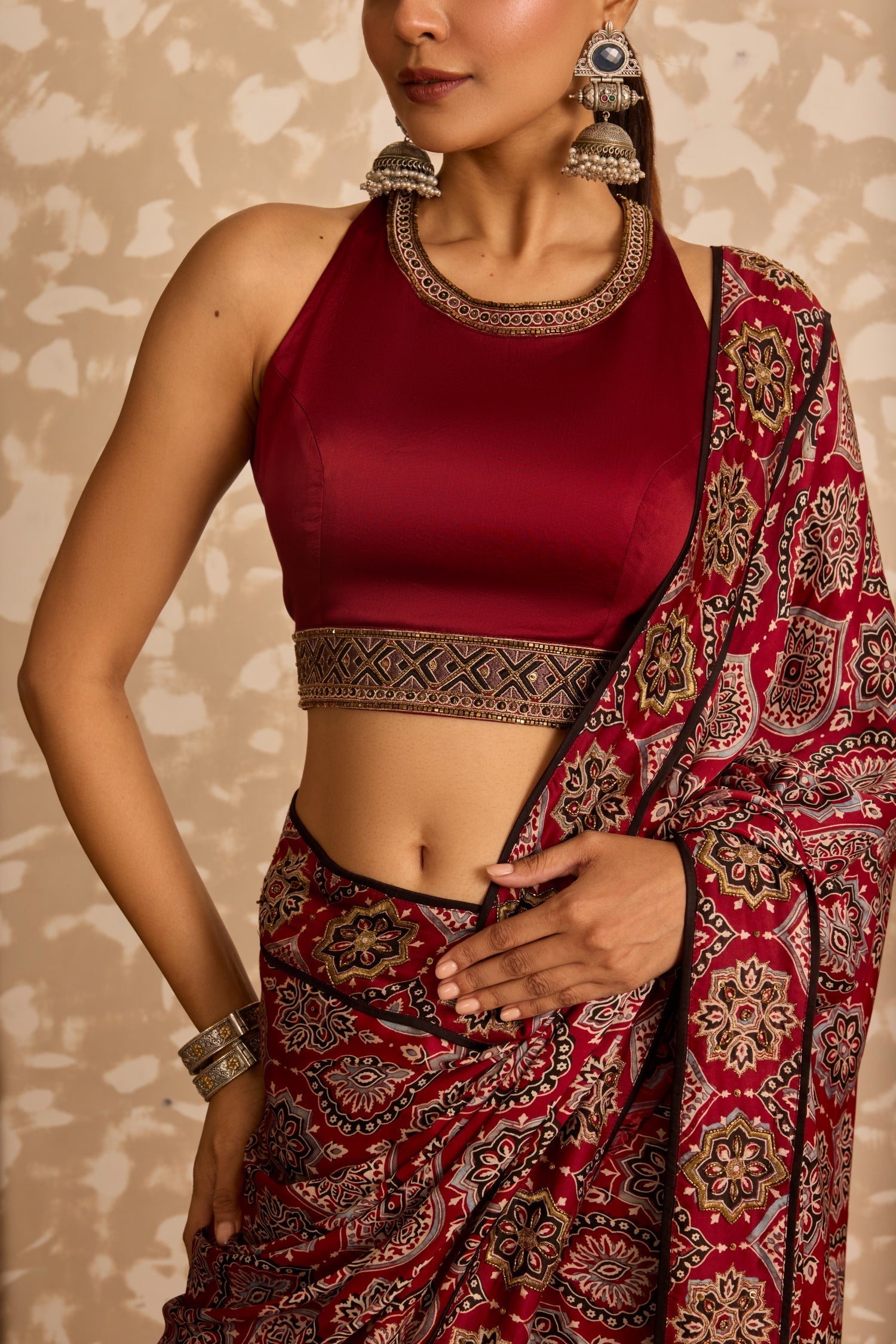 Halter neck blouse with saree at Kamakhyaa by Akashi Clothing. This item is Ajrakh by Akashi Clothing, Under $150