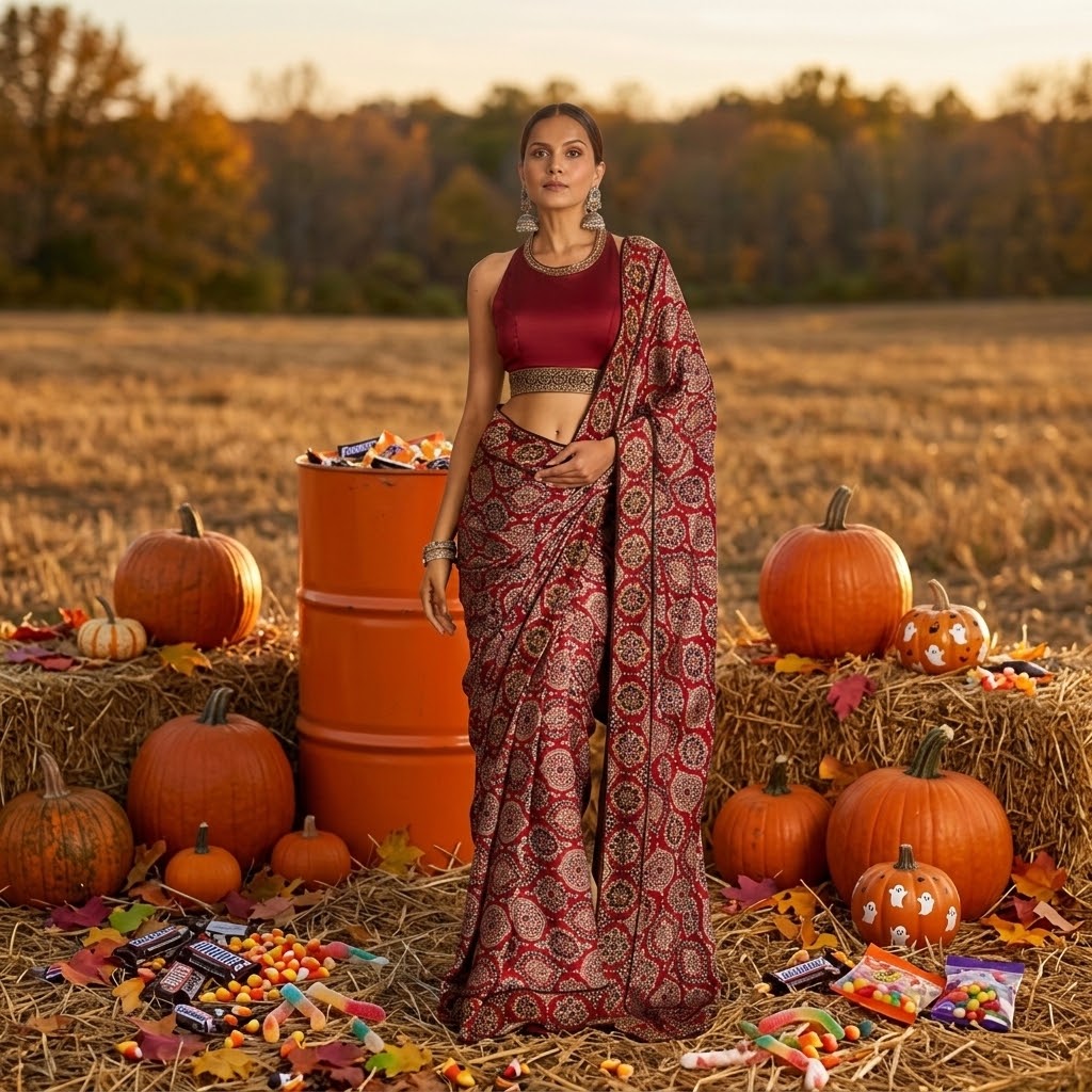 Halter neck blouse with saree at kamakhyaa.com by Akashi Clothing. This item is Ajrakh by Akashi Clothing, Midnight Blueprint, Under $150