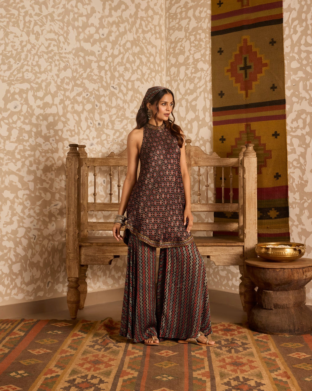 Halter neck tunic with sharara pants at Kamakhyaa by Akashi Clothing. This item is Ajrakh by Akashi Clothing, Under $150