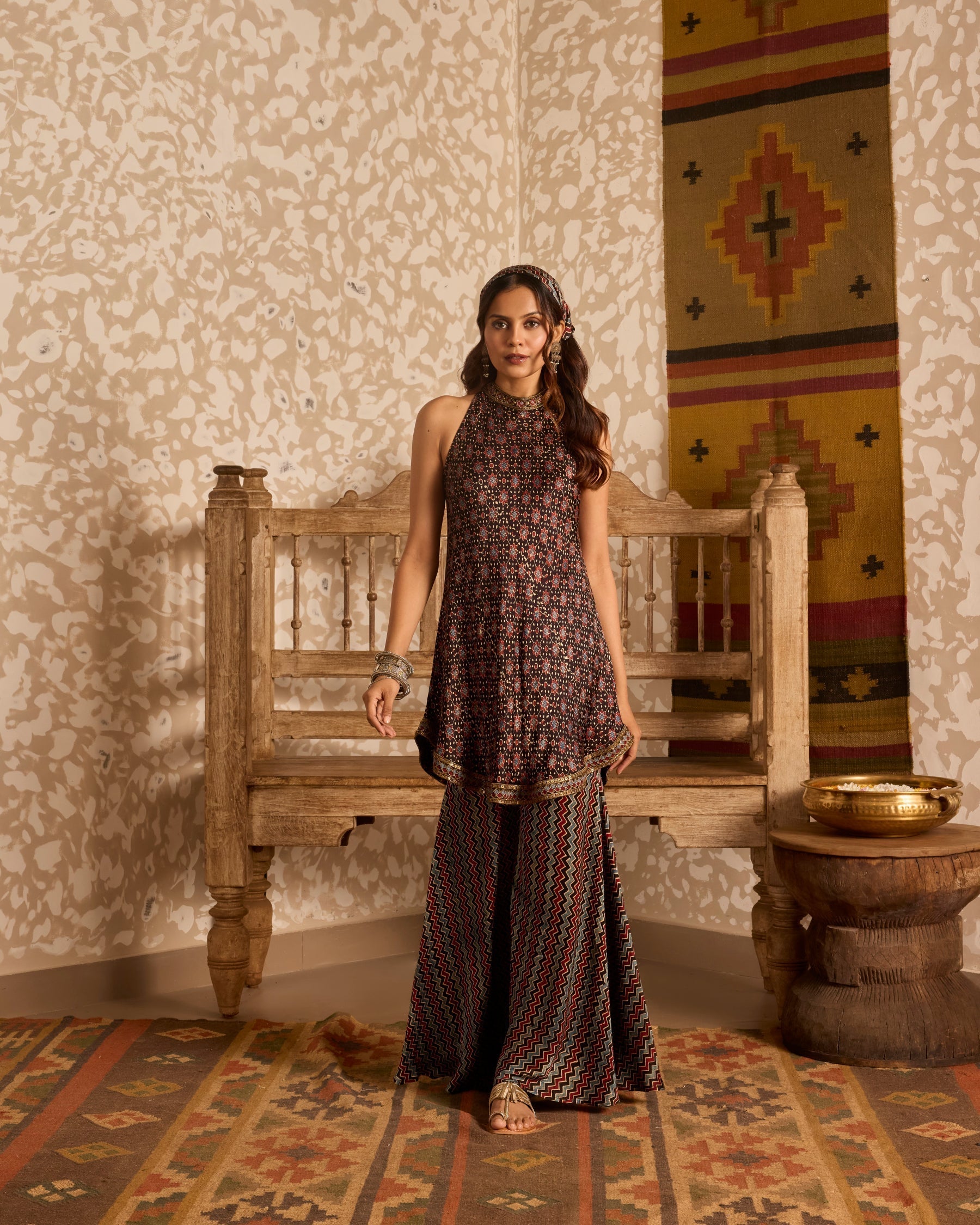 Halter neck tunic with sharara pants at Kamakhyaa by Akashi Clothing. This item is Ajrakh by Akashi Clothing, Under $150