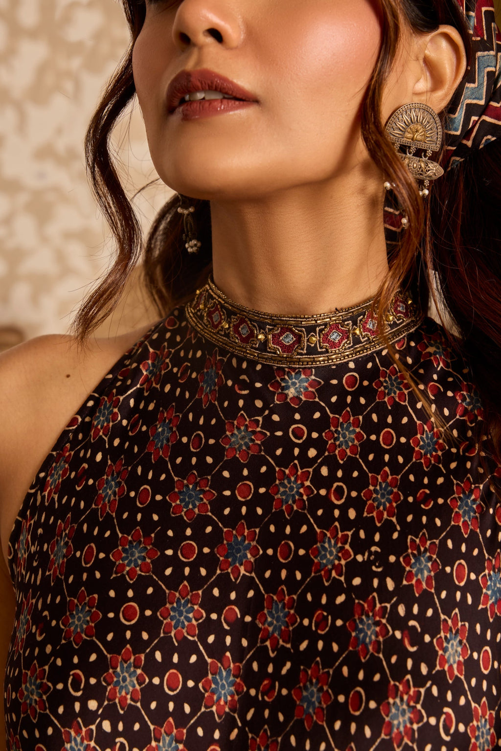Halter neck tunic with sharara pants at Kamakhyaa by Akashi Clothing. This item is Ajrakh by Akashi Clothing, Under $150