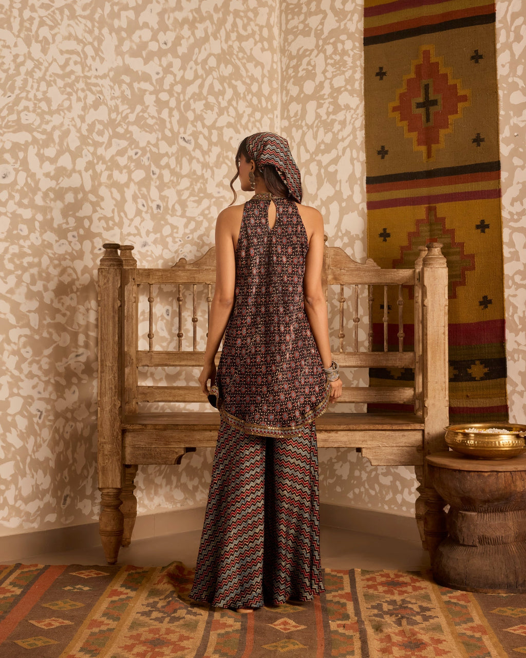 Halter neck tunic with sharara pants at Kamakhyaa by Akashi Clothing. This item is Ajrakh by Akashi Clothing, Under $150