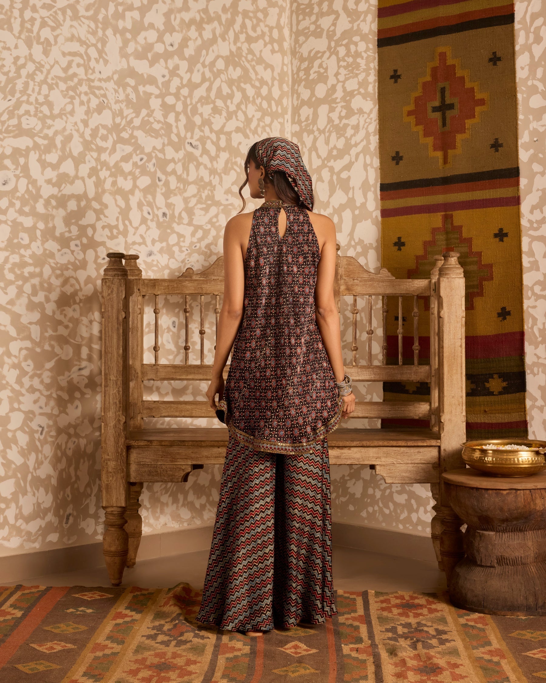 Halter neck tunic with sharara pants at Kamakhyaa by Akashi Clothing. This item is Ajrakh by Akashi Clothing, Under $150
