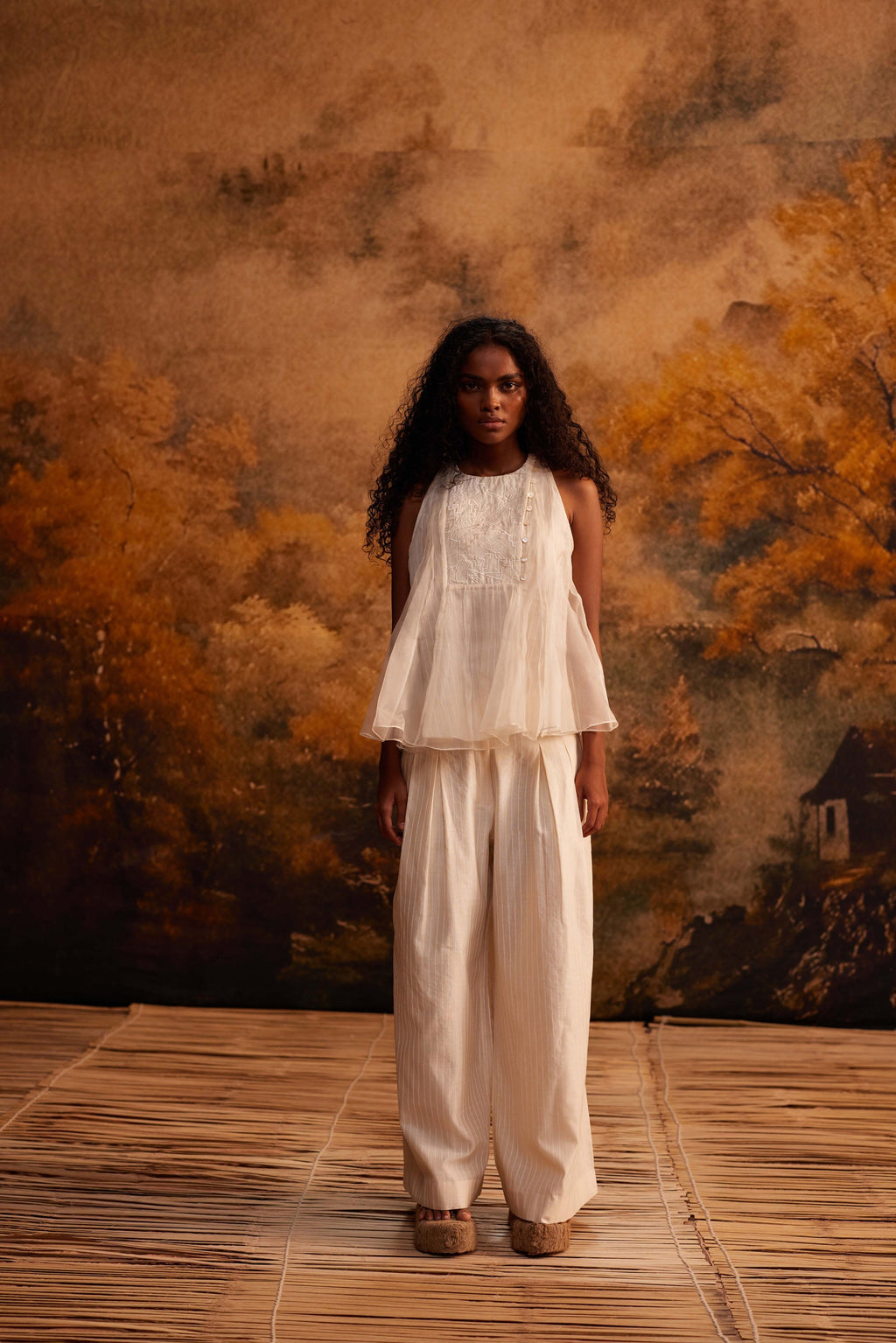 Hana Organza Halter Top at Kamakhyaa by Ahmev. This item is Embroidered, Ivory, Maximum Minimum by Ahmev, Relaxed Fit, Silk Organza, Top, Womenswear