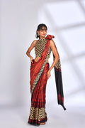 Hand Printed Saree with Multicolor Pallu at Kamakhyaa by Hasttvam. This item is Cotton, Festive Wear, Handmade by Artisans, Natural dyes, Red, Relaxed Fit, Respondible production and Vegan, Stripes