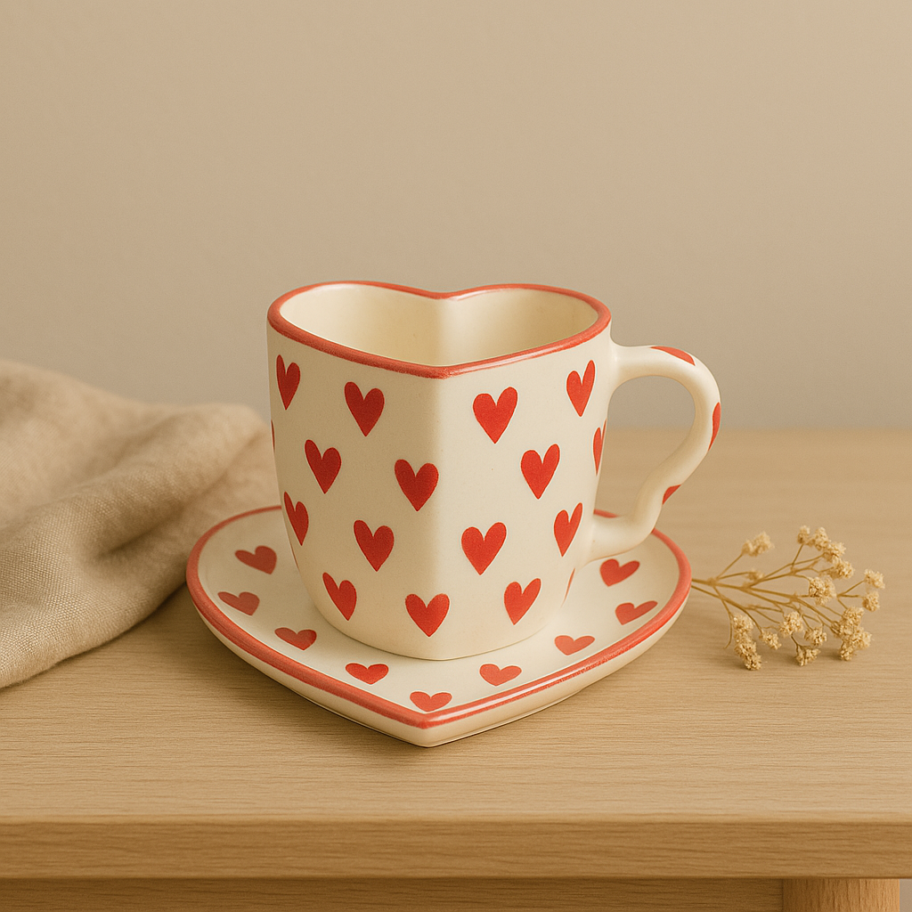 Handmade Love Notes Mug & Dish Set – Heart-Shaped Ceramic Gift Duo at Kamakhyaa by Aetherea World. This item is 