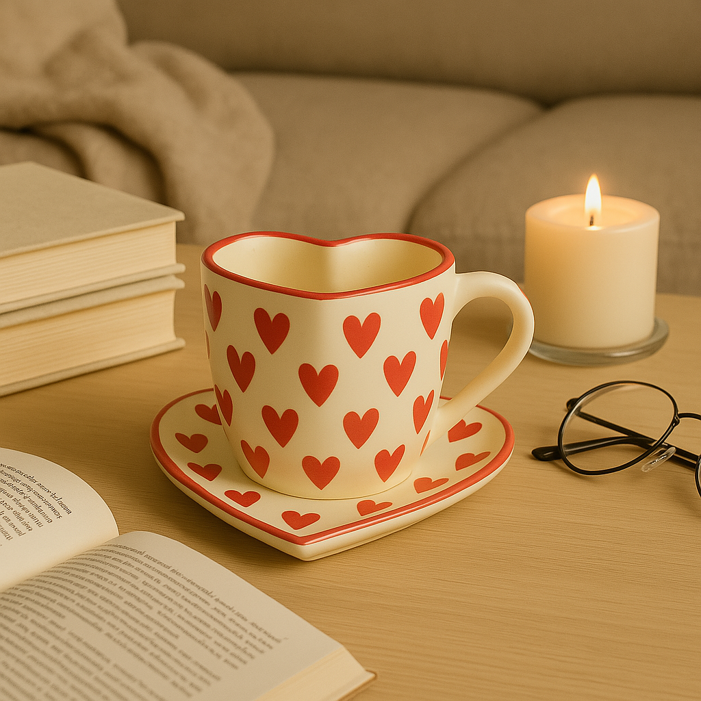 Handmade Love Notes Mug & Dish Set – Heart-Shaped Ceramic Gift Duo at Kamakhyaa by Aetherea World. This item is 