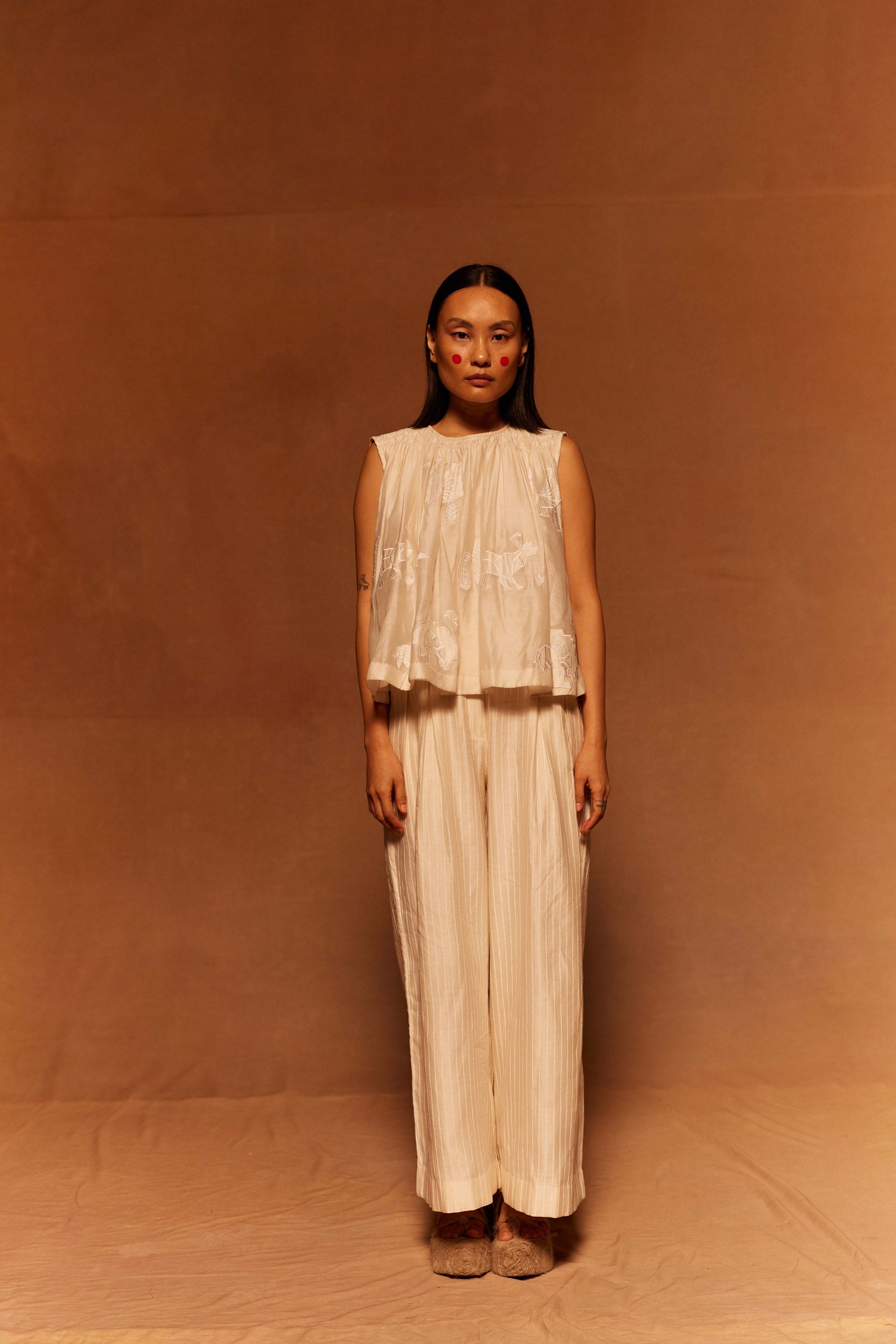 Heion Ruching Top at Kamakhyaa by Ahmev. This item is Applique Work, Cotton Silk, Ivory, Maximum Minimum by Ahmev, Relaxed Fit, Top, Womenswear