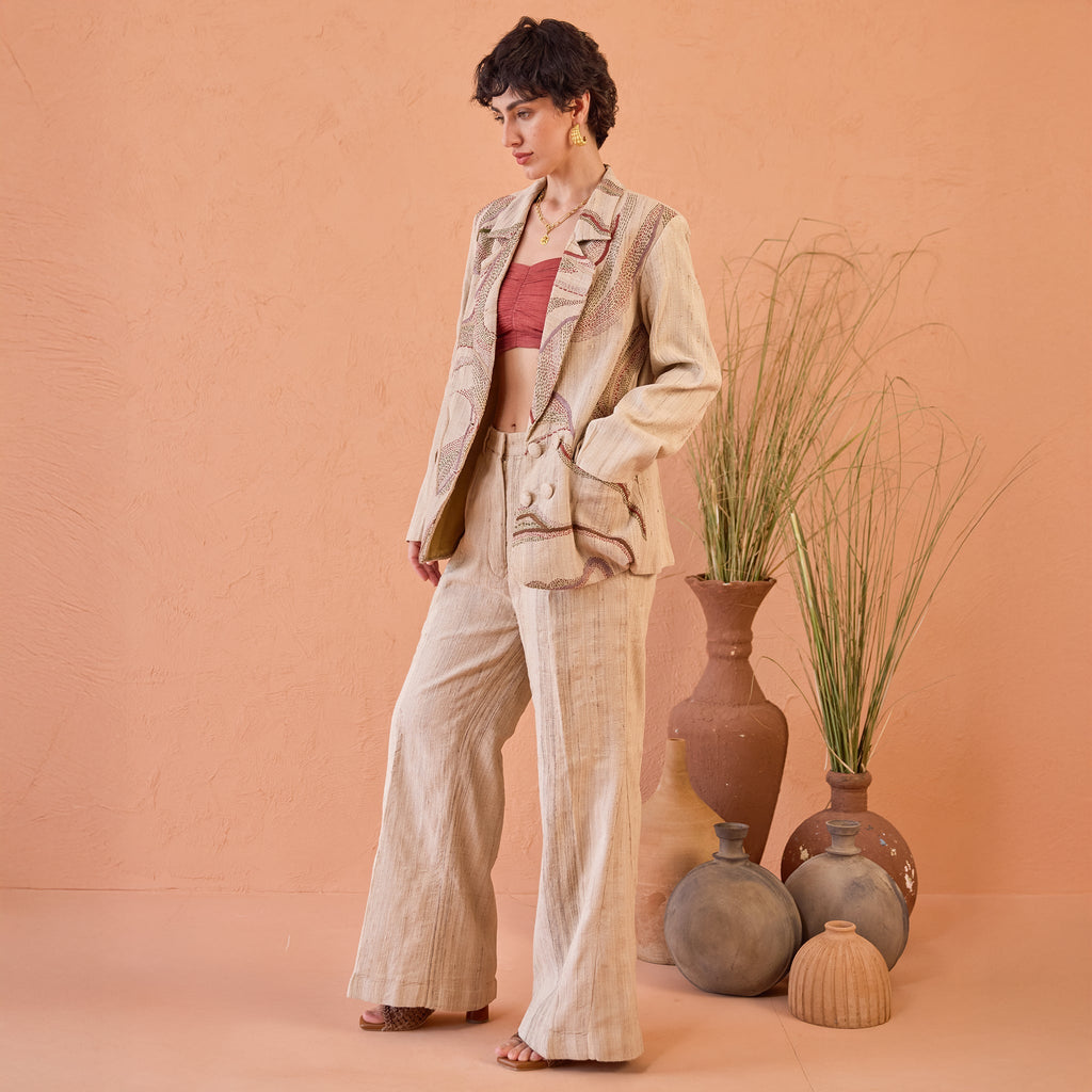 Heritage Hue at Kamakhyaa by The Loom Art. This item is Artisan made, Beige, Co-ord sets, Eco friendly, Eri Silk, Fluer De Code by The Loom Art, Hand embroidered, Handwoven, Kantha work