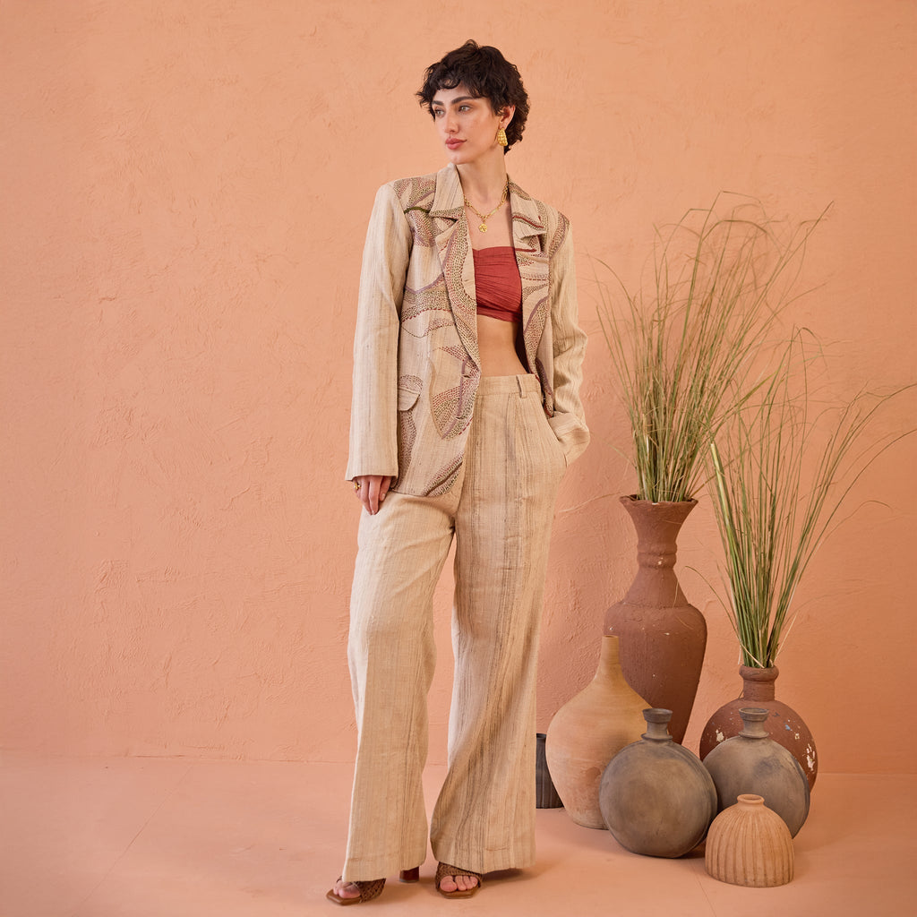 Heritage Hue at Kamakhyaa by The Loom Art. This item is Artisan made, Beige, Co-ord sets, Eco friendly, Eri Silk, Fluer De Code by The Loom Art, Hand embroidered, Handwoven, Kantha work