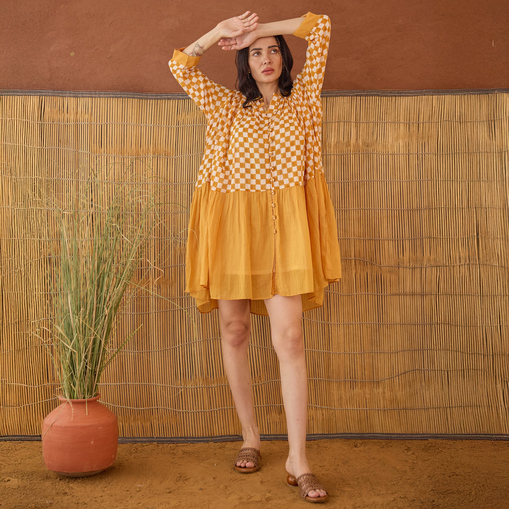 Honey Drift at Kamakhyaa by Taro. This item is Artisan made, Cotton Mulmul, Handblock Printed, Mustard, Orange, Shirt Dresses, Under $200, Whispers of Summer by Taro, Yellow