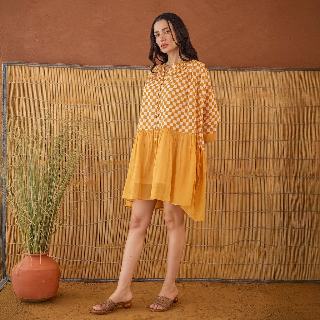 Honey Drift at Kamakhyaa by Taro. This item is Artisan made, Cotton Mulmul, Handblock Printed, Mustard, Orange, Shirt Dresses, Under $200, Whispers of Summer by Taro, Yellow