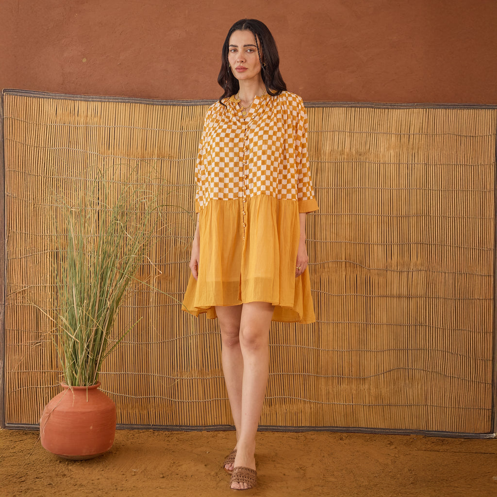 Honey Drift at Kamakhyaa by Taro. This item is Artisan made, Cotton Mulmul, Handblock Printed, Mustard, Orange, Shirt Dresses, Under $200, Whispers of Summer by Taro, Yellow