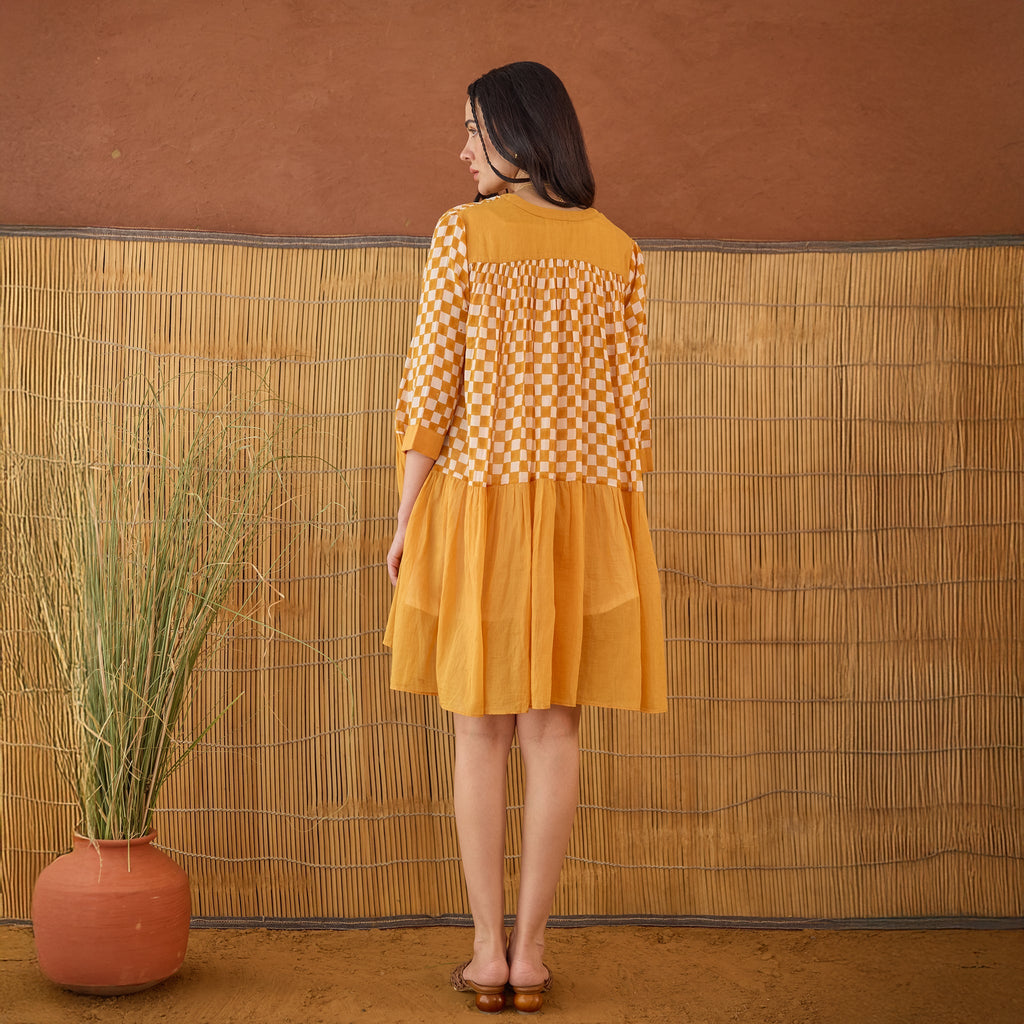 Honey Drift at Kamakhyaa by Taro. This item is Artisan made, Cotton Mulmul, Handblock Printed, Mustard, Orange, Shirt Dresses, Under $200, Whispers of Summer by Taro, Yellow