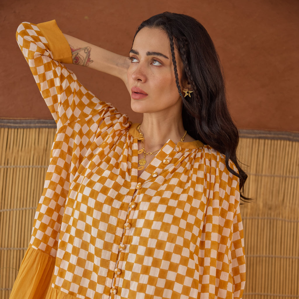 Honey Drift at Kamakhyaa by Taro. This item is Artisan made, Cotton Mulmul, Handblock Printed, Mustard, Orange, Shirt Dresses, Under $200, Whispers of Summer by Taro, Yellow
