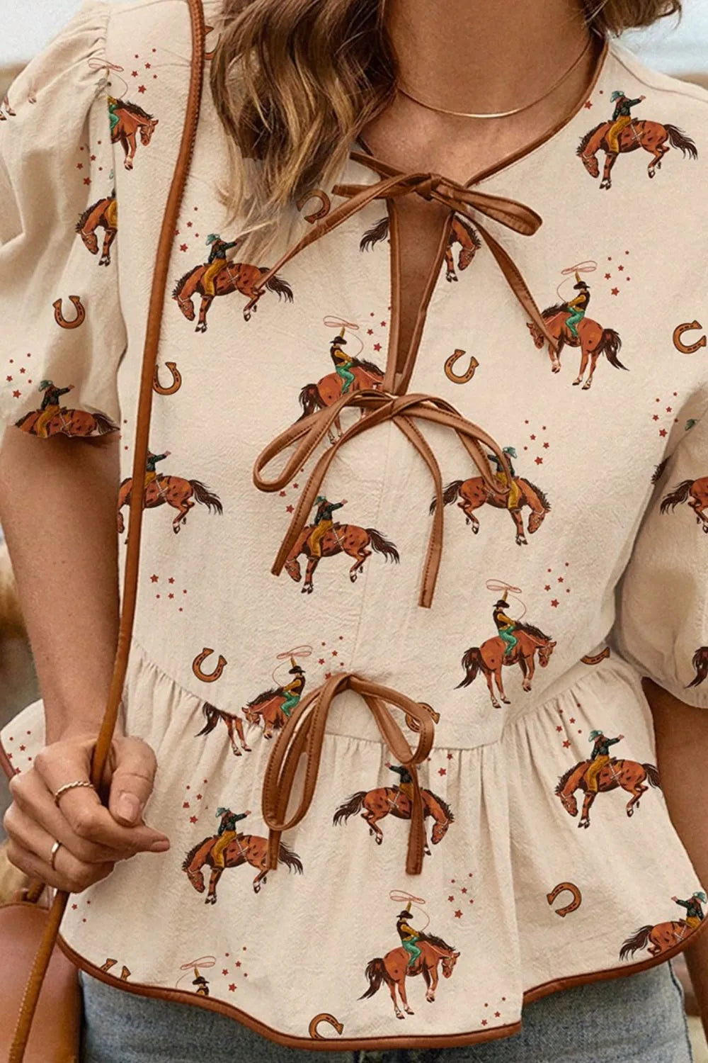 Horse Print Tie-Front Peplum Blouse at kamakhyaa.com by Trendsi. This item is Missing image, Ship From Overseas, SYNZ, Under $50