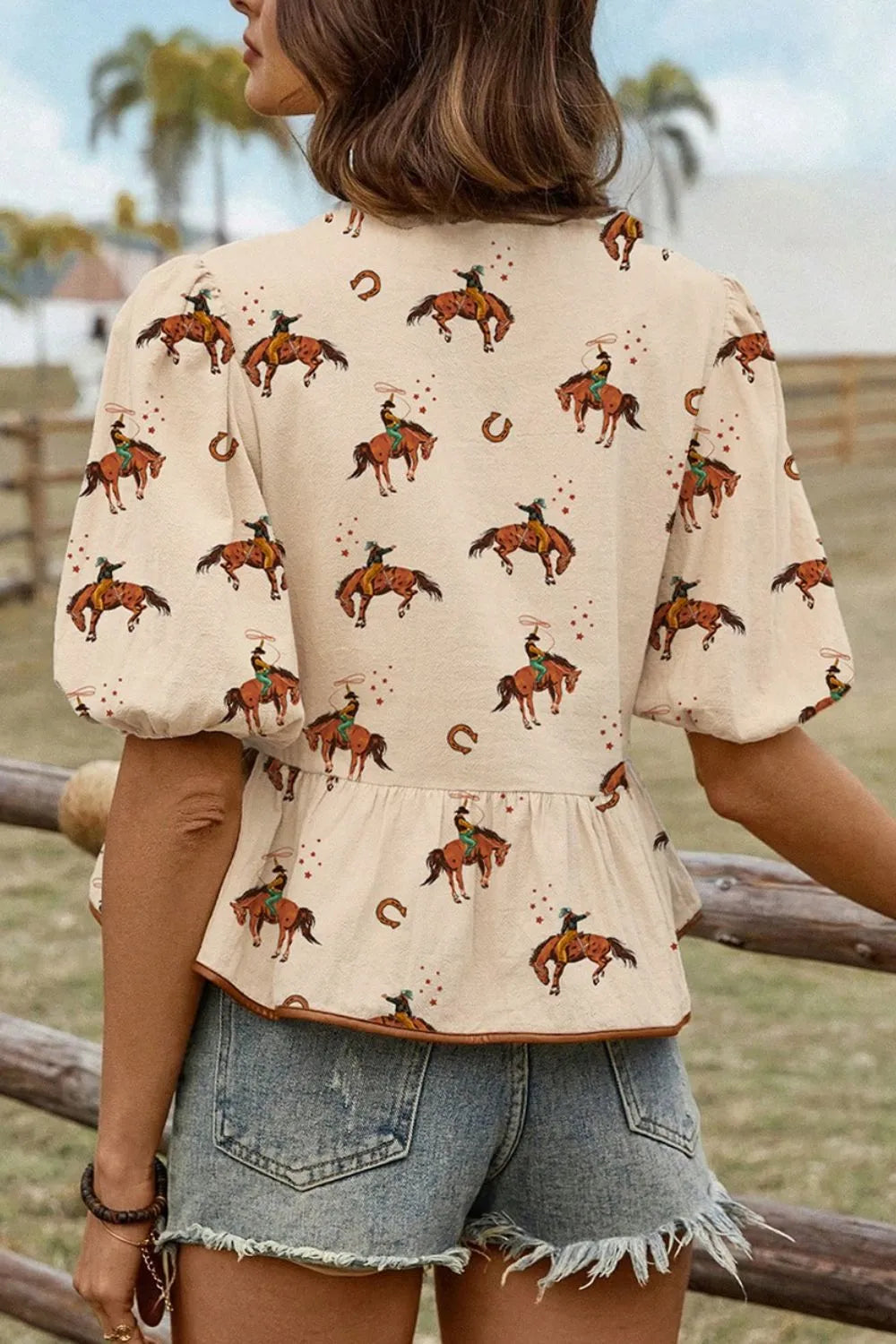 Horse Print Tie-Front Peplum Blouse at kamakhyaa.com by Trendsi. This item is Missing image, Ship From Overseas, SYNZ, Under $50