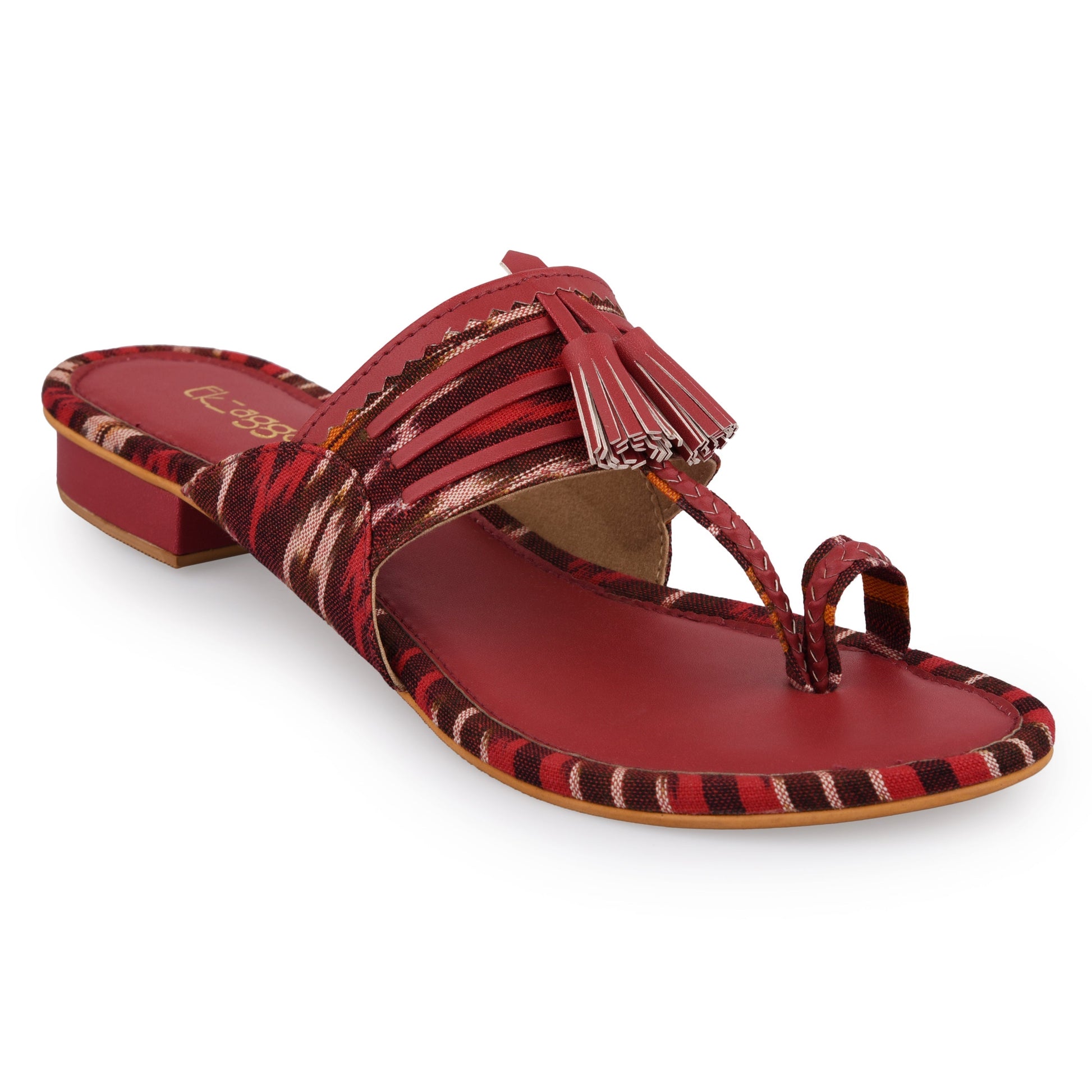 Ikat Kolhapuri Heels at Kamakhyaa by EK_agga. This item is Casual Wear, Chhath Puja, Festive Wear, Flats, Ikat Prints, Not Priced, Open Toes Footwear, Patent leather, Pink, Red, Regular Fit, Textured, Toe Loop, Vegan