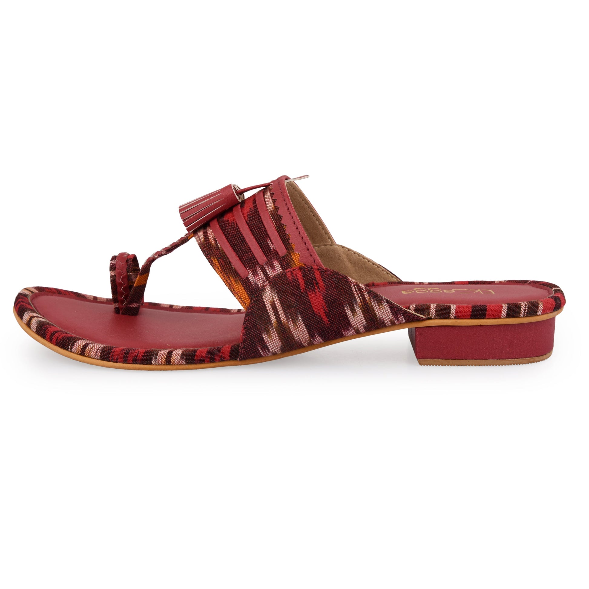 Ikat Kolhapuri Heels at Kamakhyaa by EK_agga. This item is Casual Wear, Chhath Puja, Festive Wear, Flats, Ikat Prints, Not Priced, Open Toes Footwear, Patent leather, Pink, Red, Regular Fit, Textured, Toe Loop, Vegan